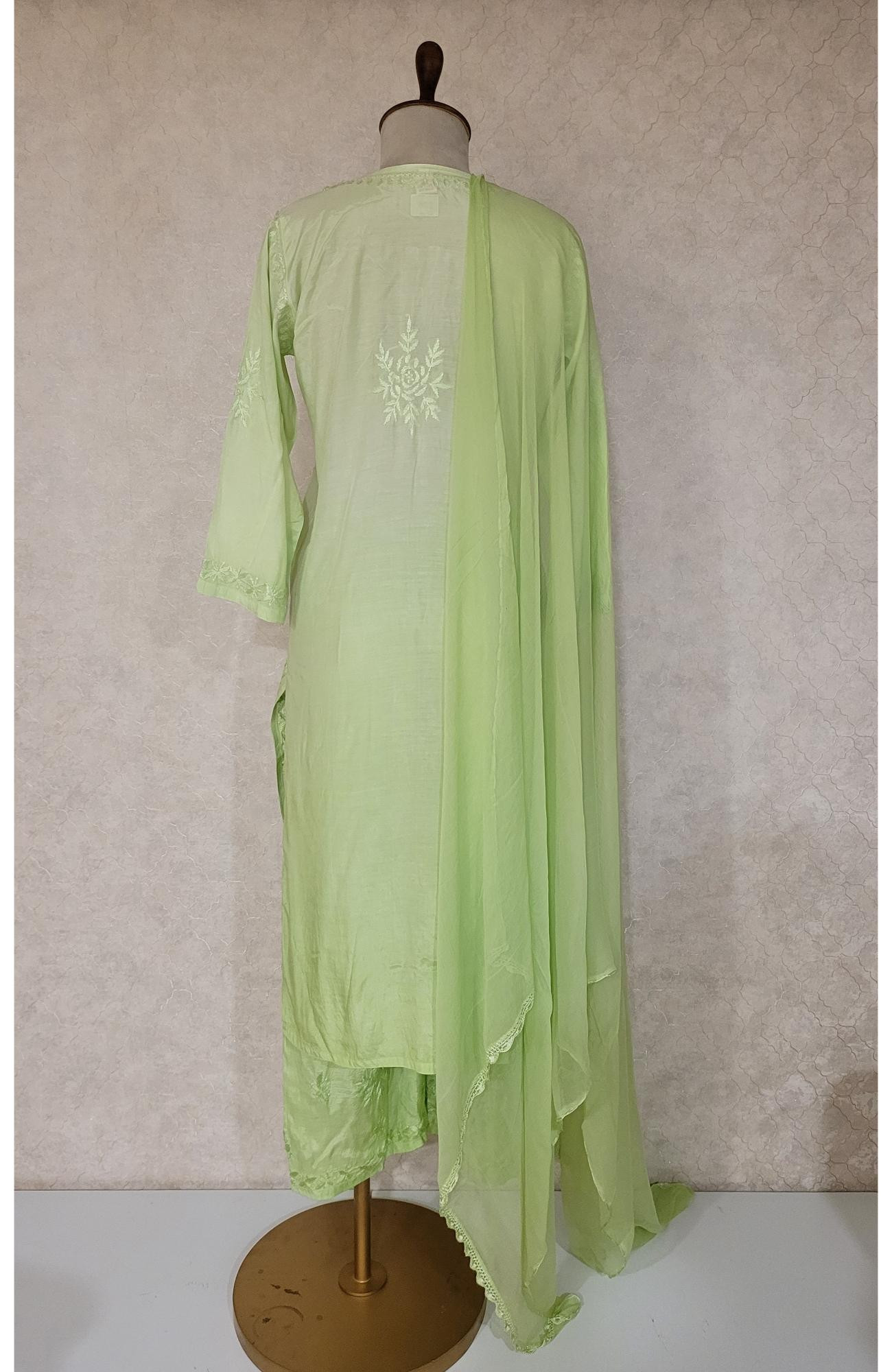 Green Muslin Chikankari Kurta, Dupatta & Pant Set