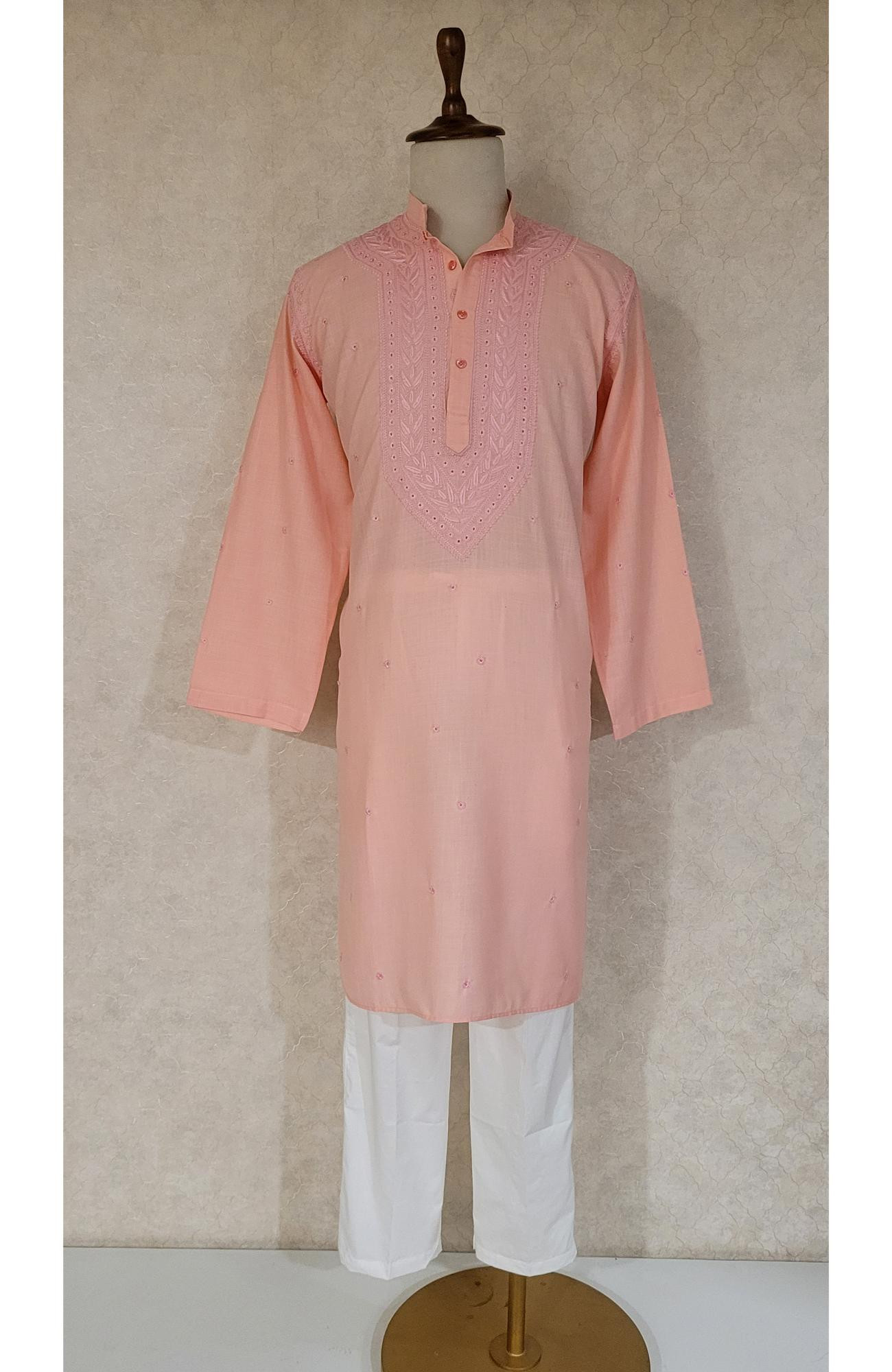 Peach Pink Khadi Cotton Chikankari Kurta
