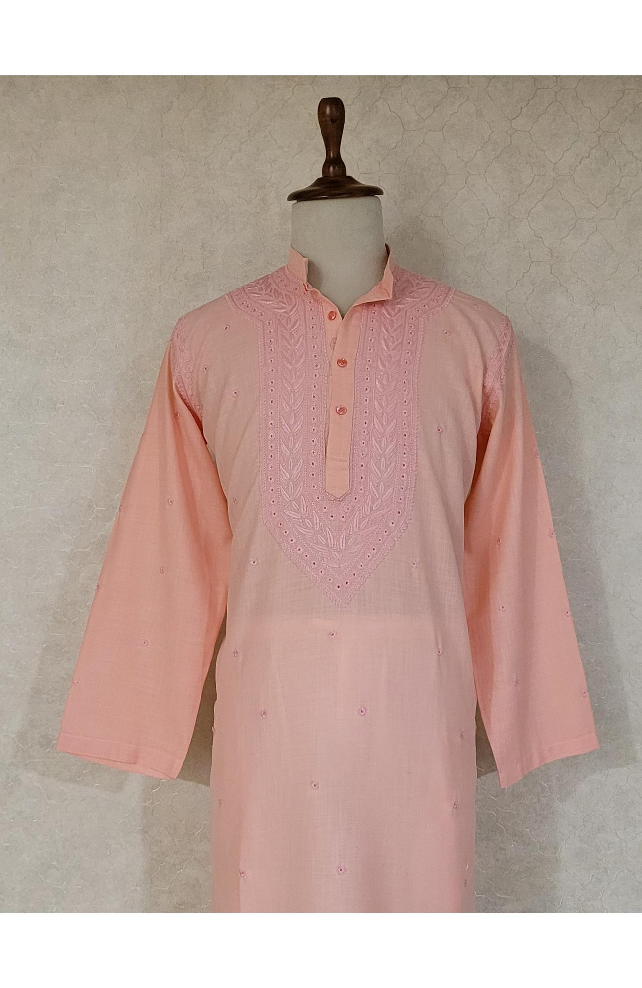 Peach Pink Khadi Cotton Chikankari Kurta