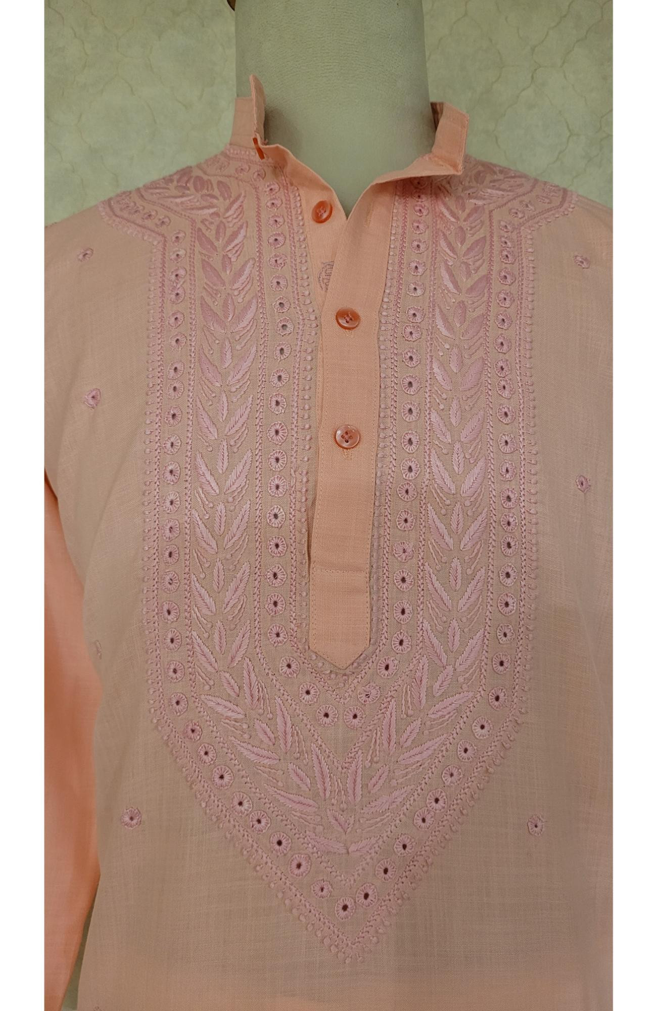 Peach Pink Khadi Cotton Chikankari Kurta