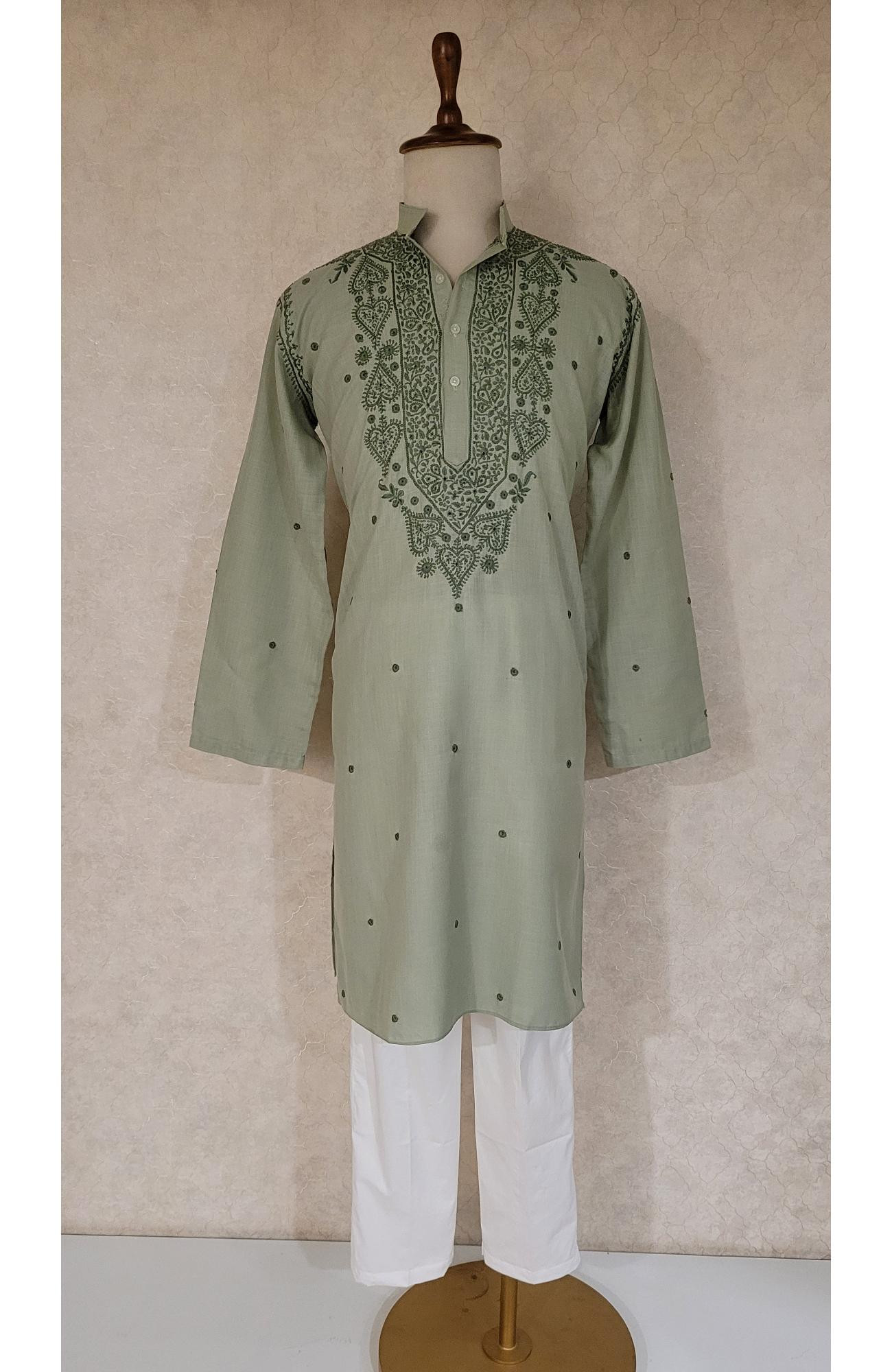 Green Khadi Cotton Chikankari Kurta