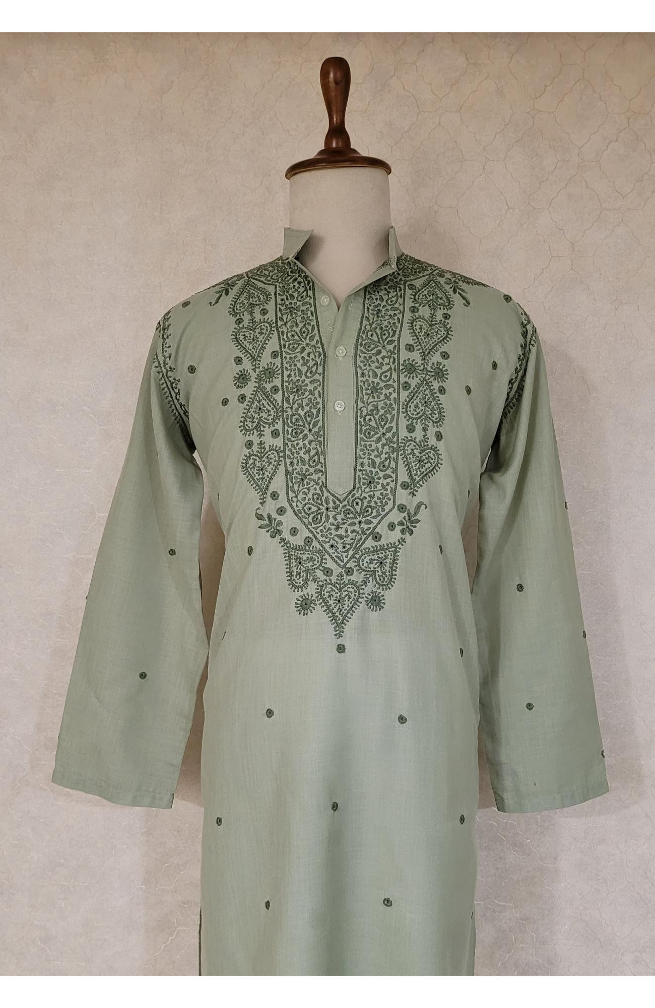 Green Khadi Cotton Chikankari Kurta