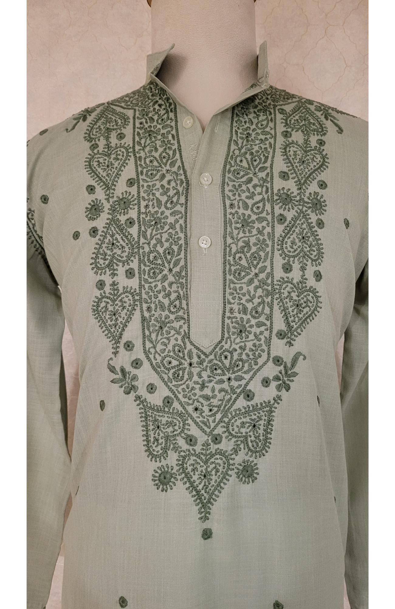 Green Khadi Cotton Chikankari Kurta
