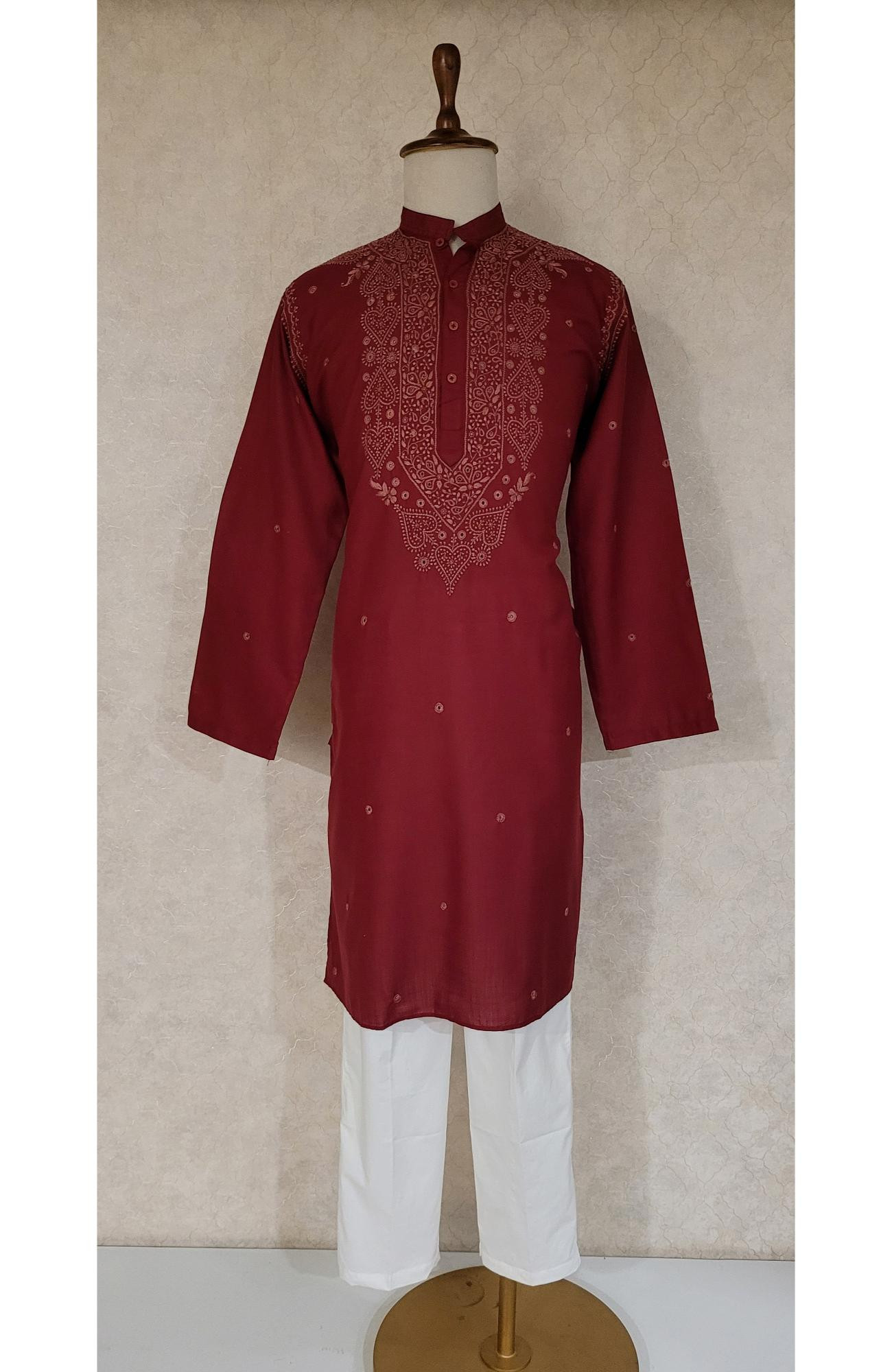 Maroon Khadi Cotton Chikankari Kurta