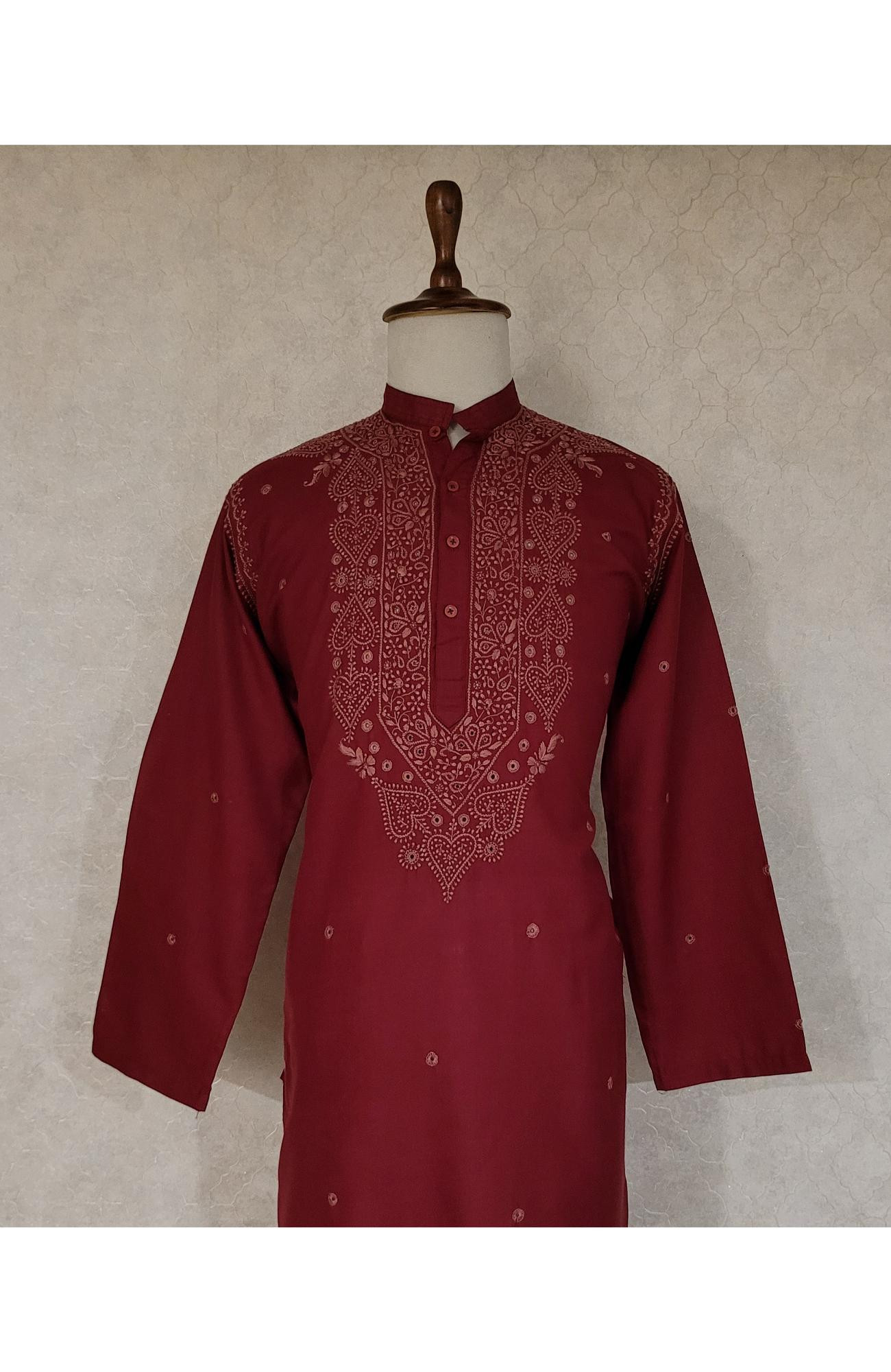 Maroon Khadi Cotton Chikankari Kurta