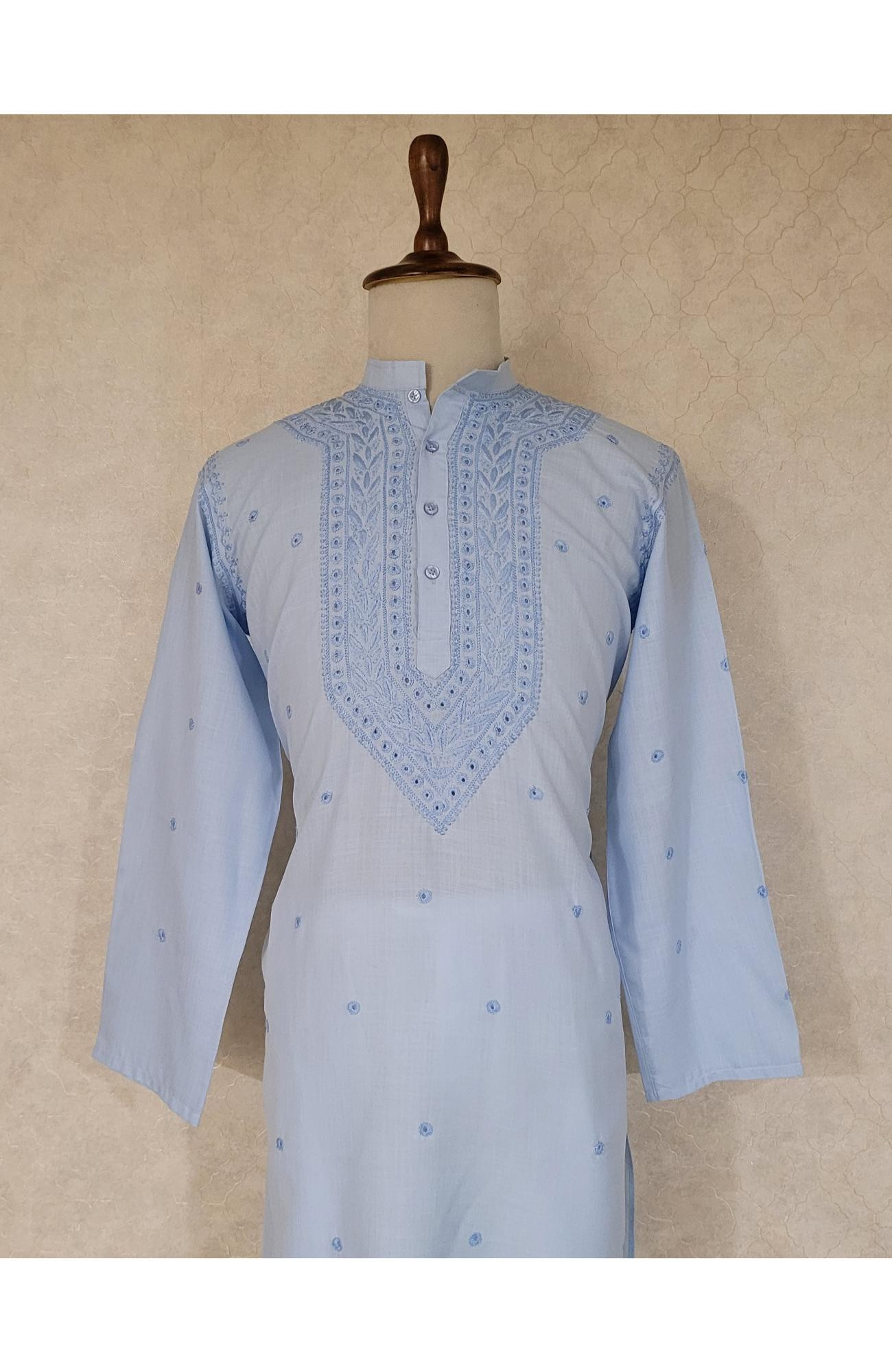Blue Khadi Cotton Chikankari Kurta