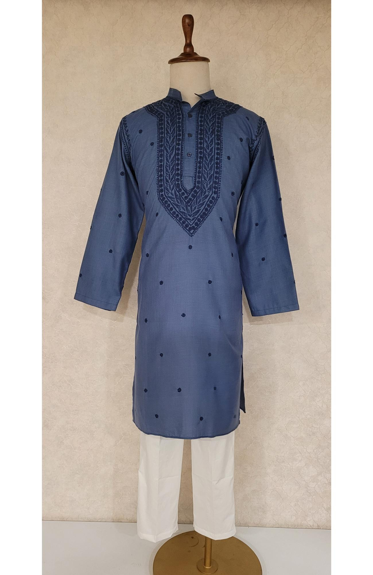 Grayish Blue Khadi Cotton Chikankari Kurta