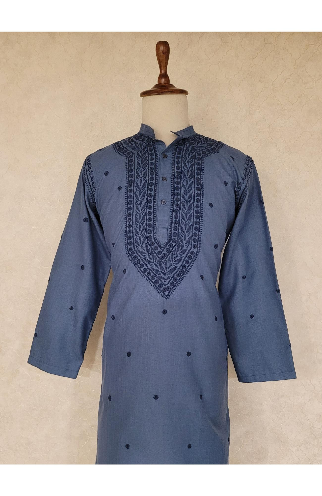 Grayish Blue Khadi Cotton Chikankari Kurta