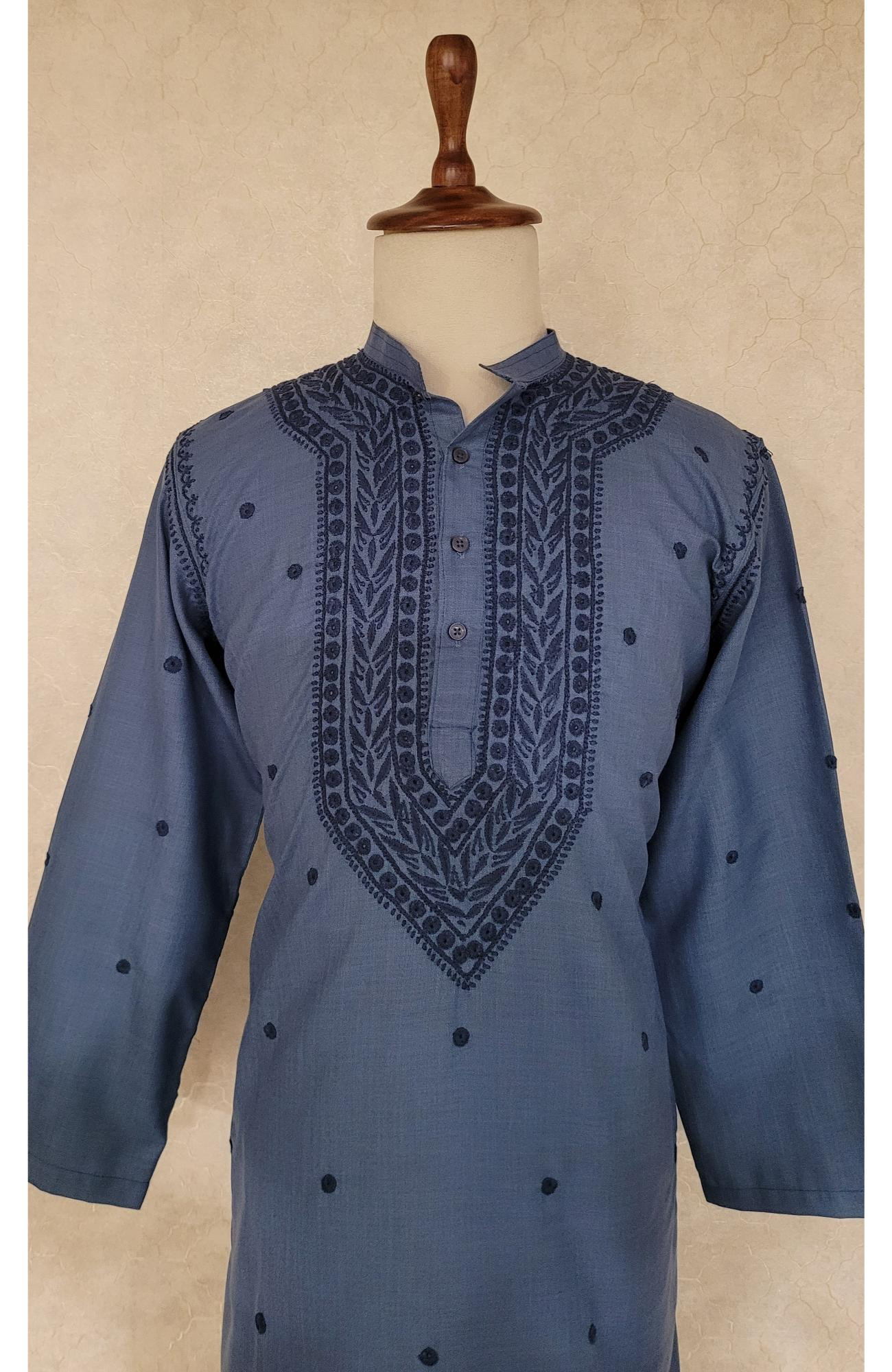 Grayish Blue Khadi Cotton Chikankari Kurta