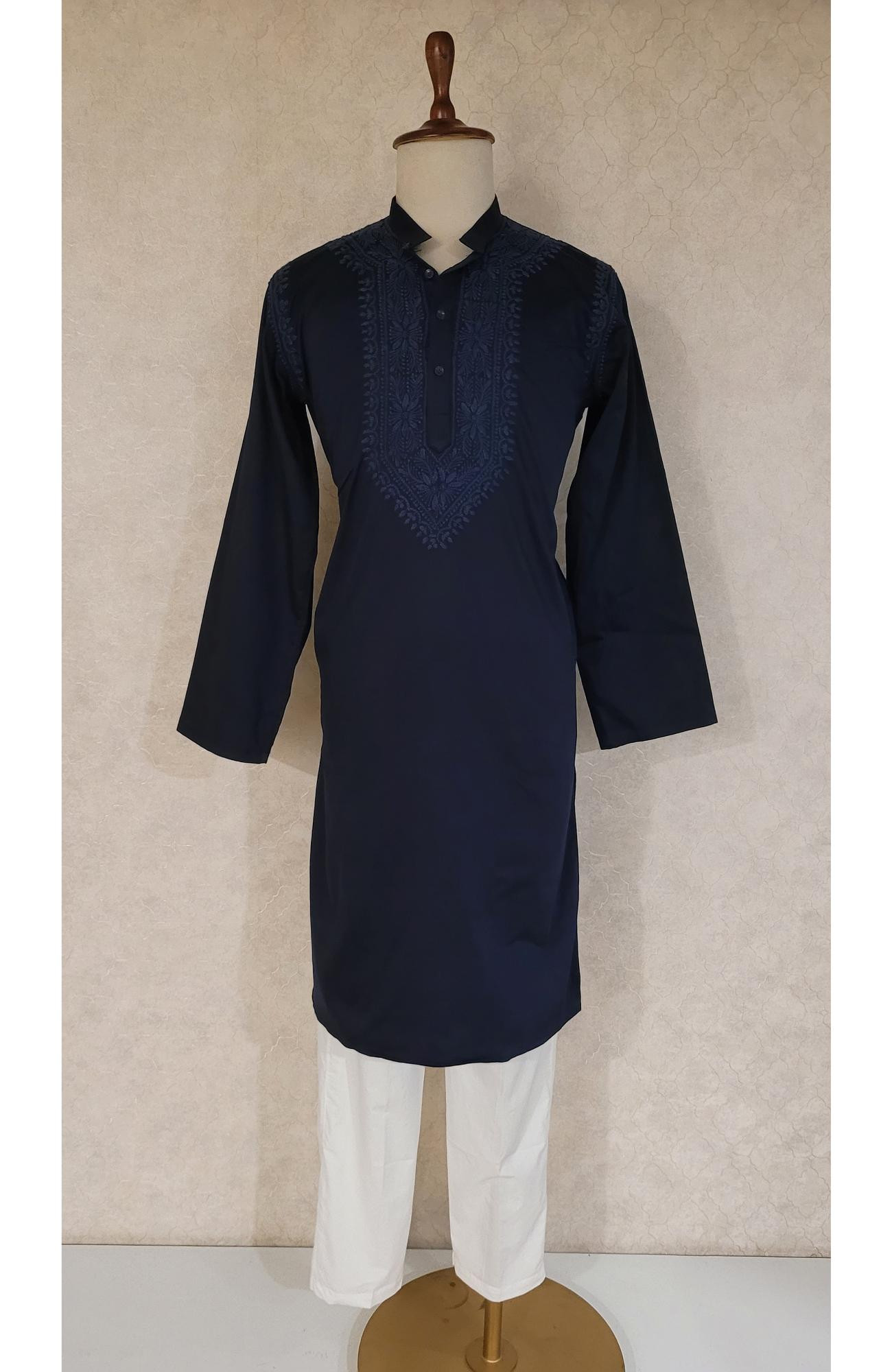 Navy Blue Lycra Cotton Chikankari Kurta
