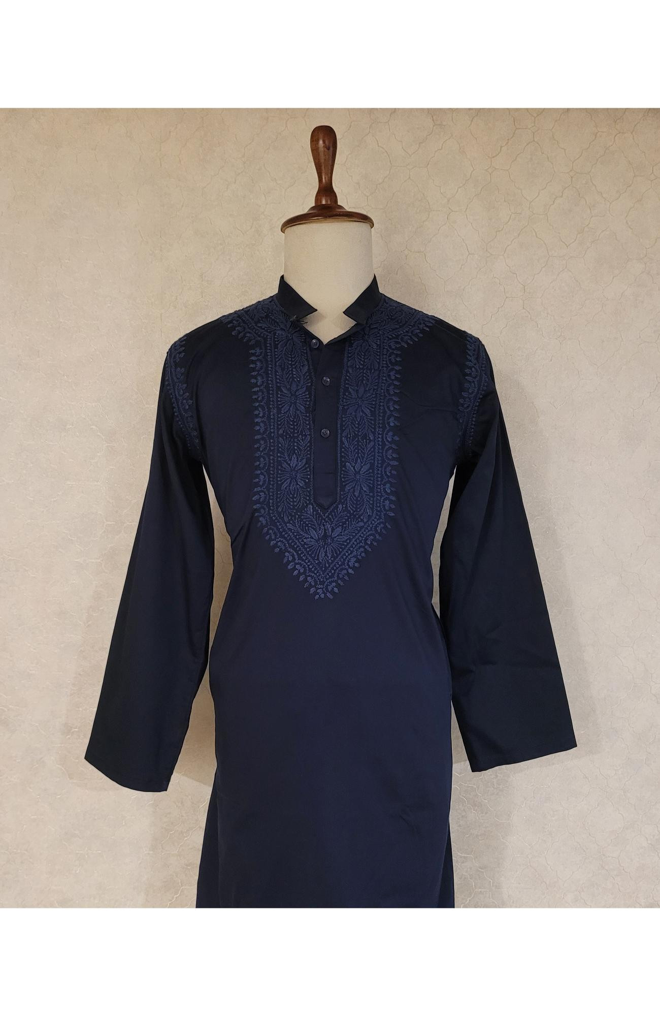 Navy Blue Lycra Cotton Chikankari Kurta