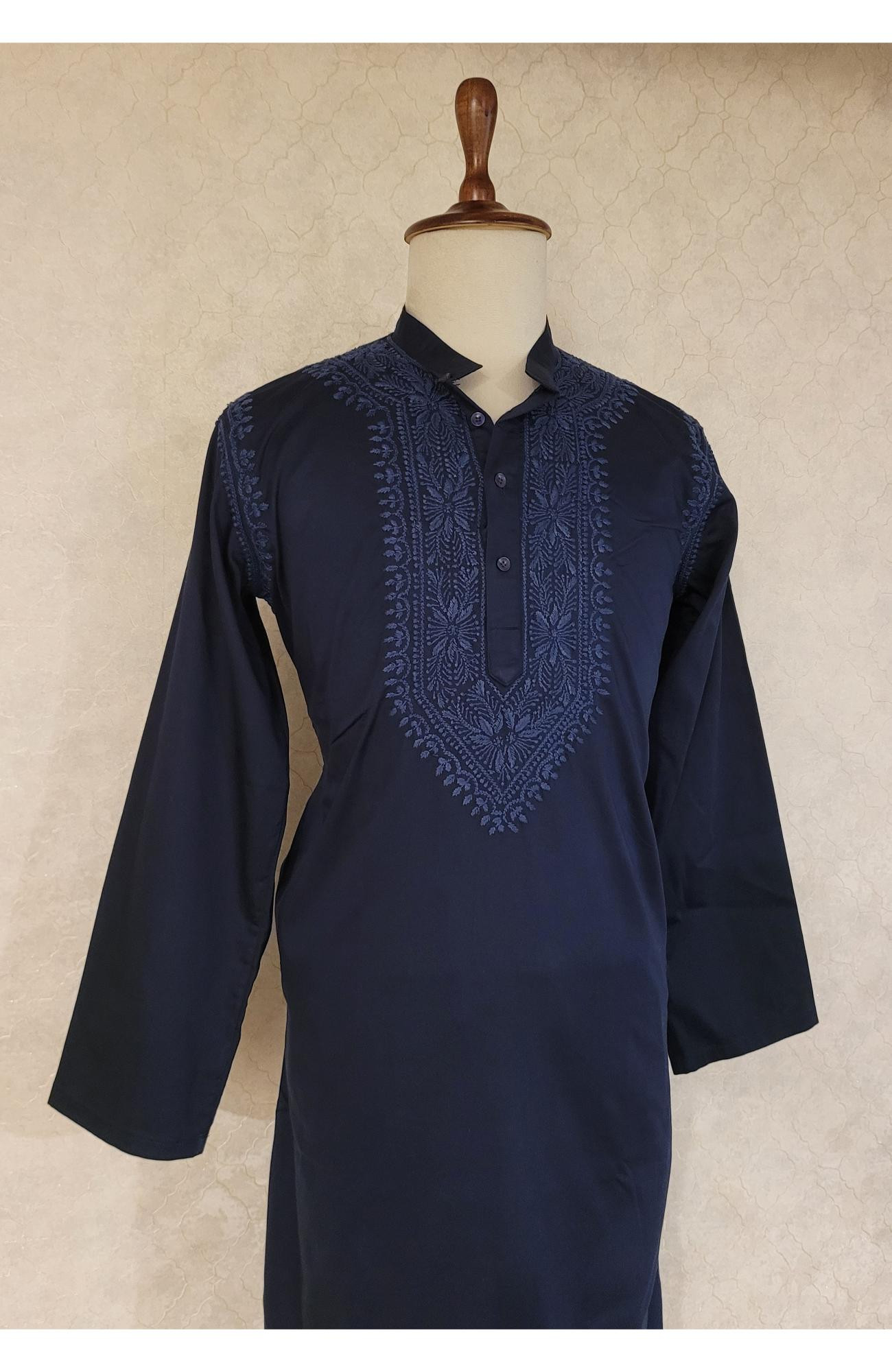 Navy Blue Lycra Cotton Chikankari Kurta