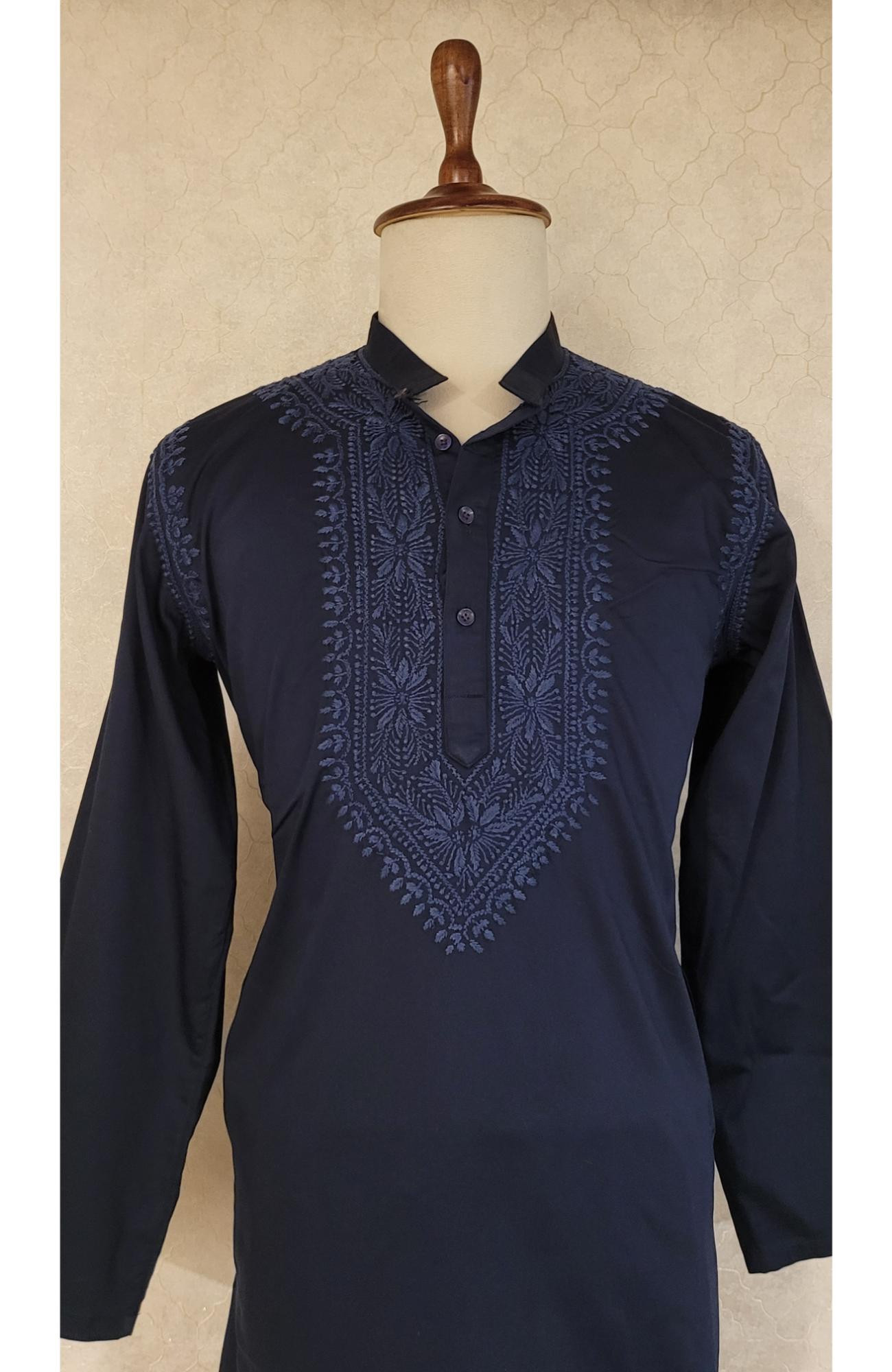 Navy Blue Lycra Cotton Chikankari Kurta