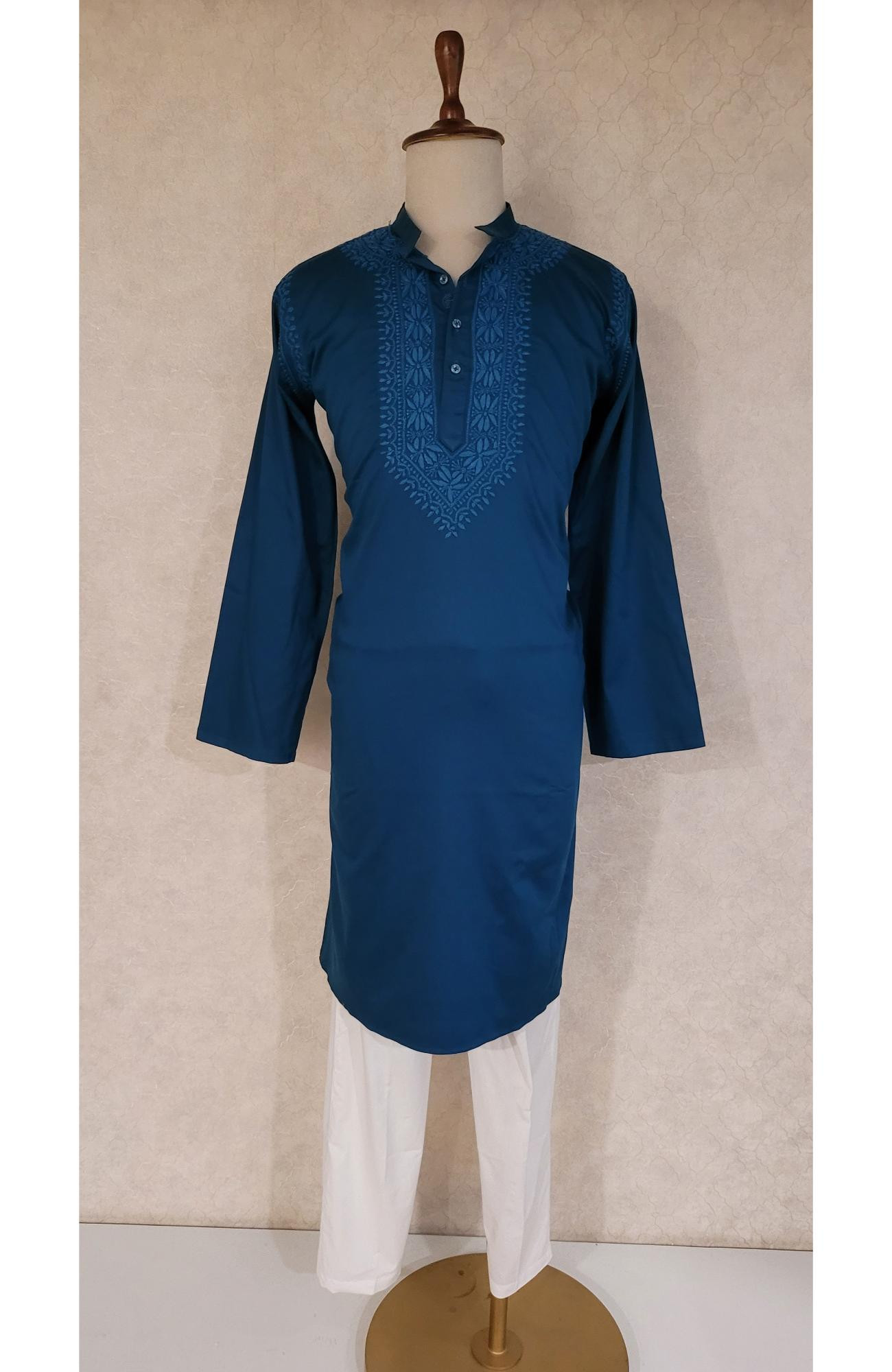 Turquoise Lycra Cotton Chikankari Kurta