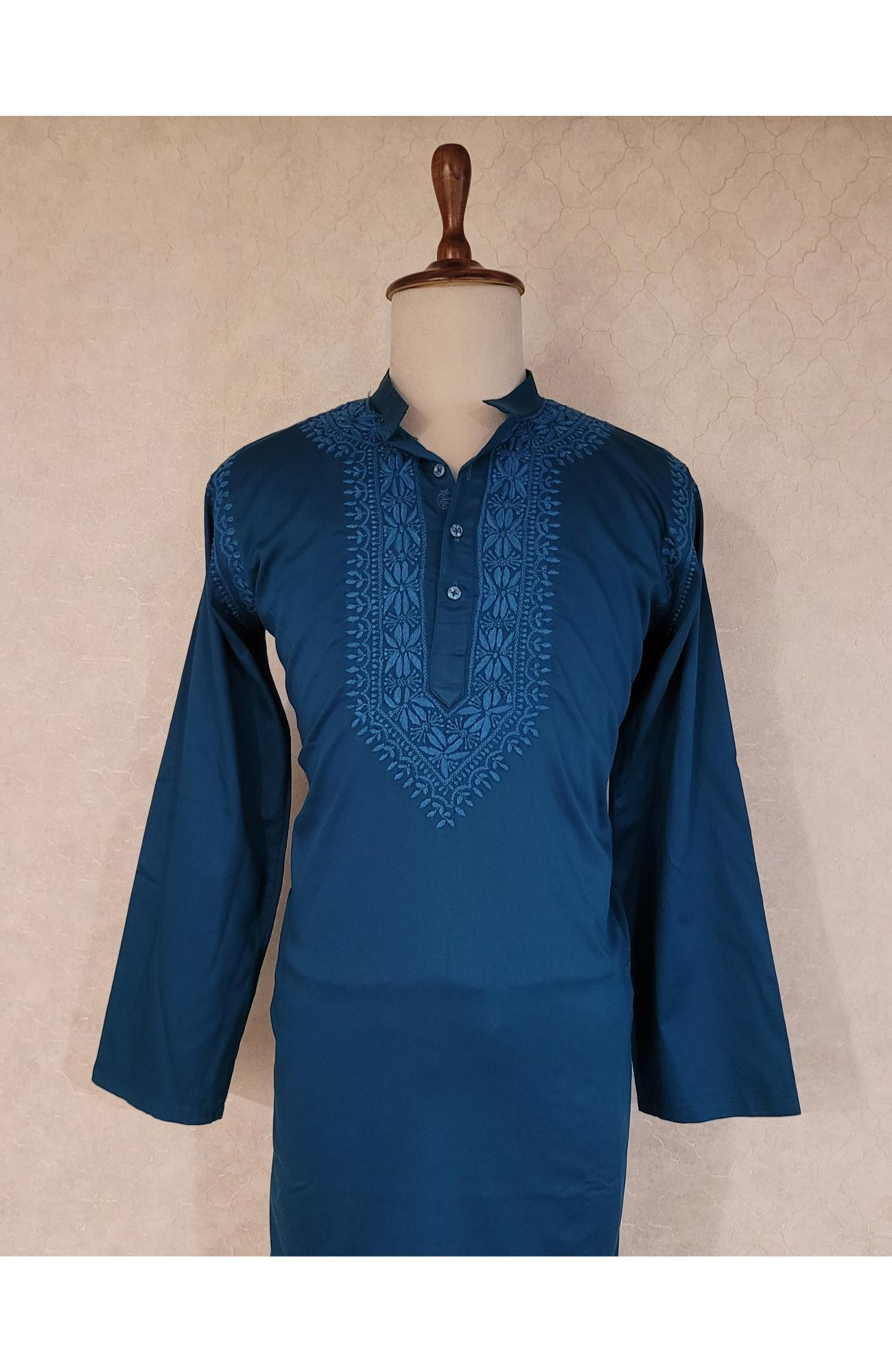 Turquoise Lycra Cotton Chikankari Kurta