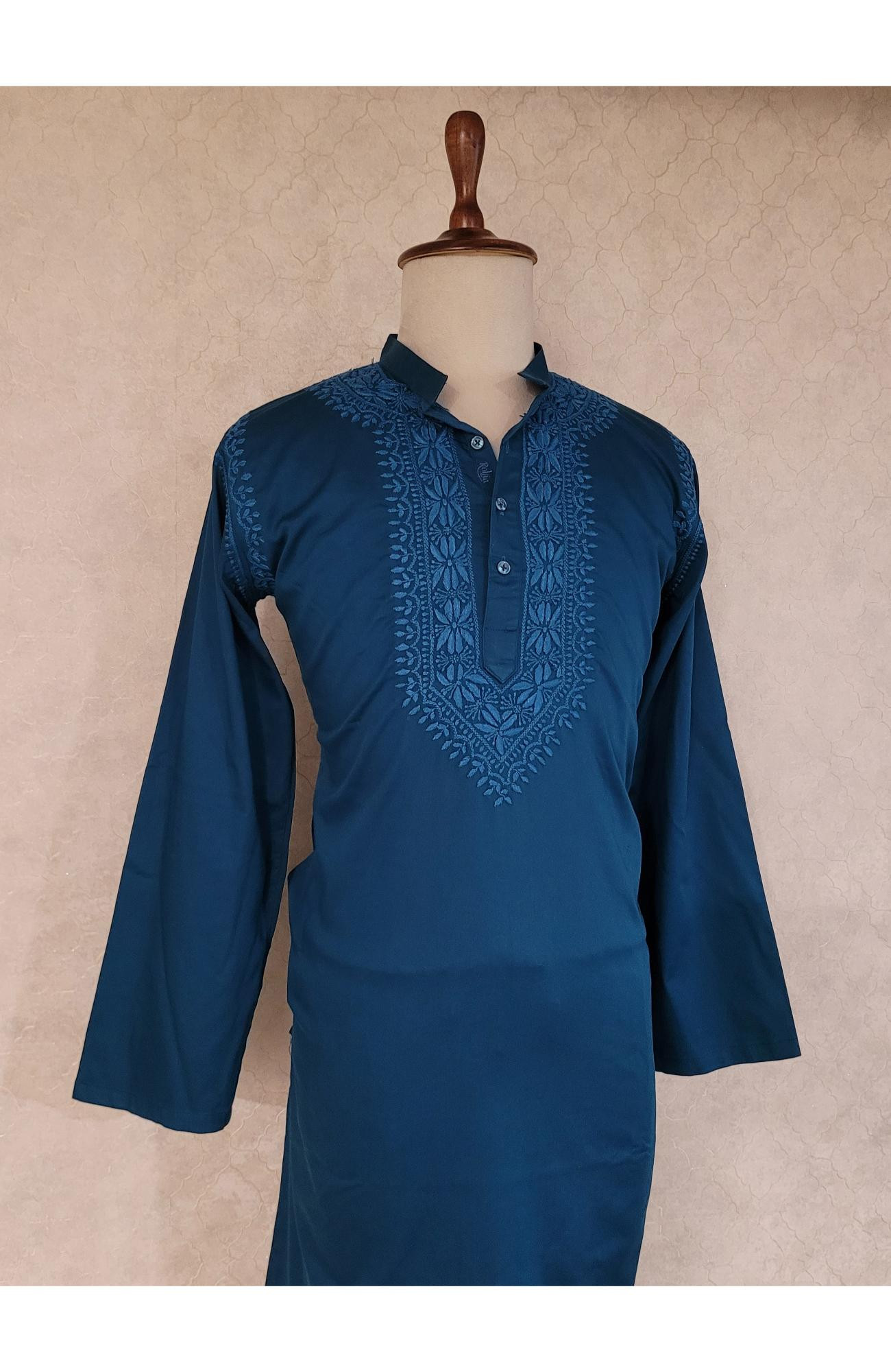 Turquoise Lycra Cotton Chikankari Kurta