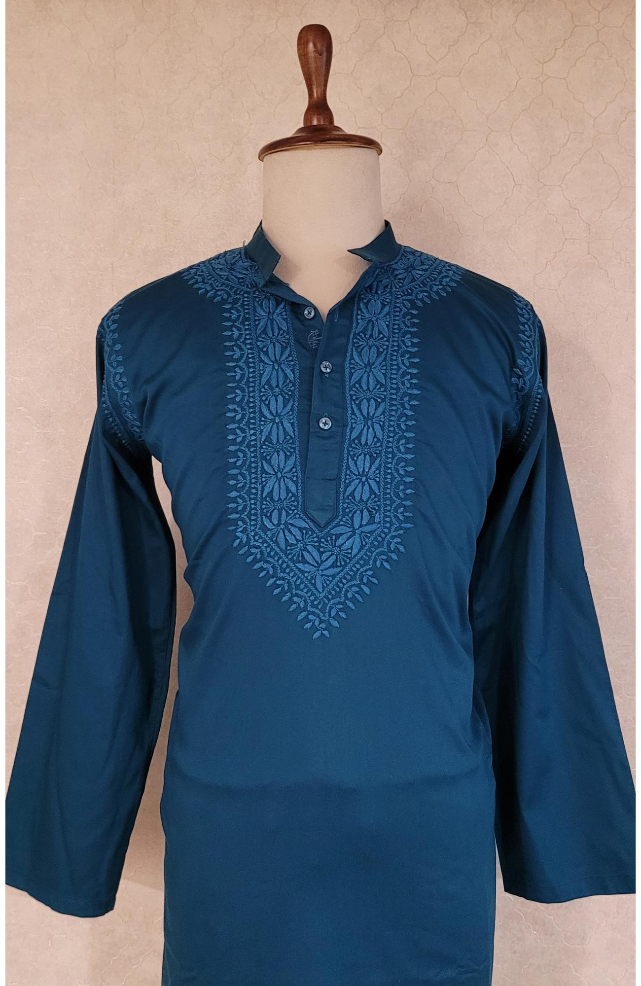 Turquoise Lycra Cotton Chikankari Kurta
