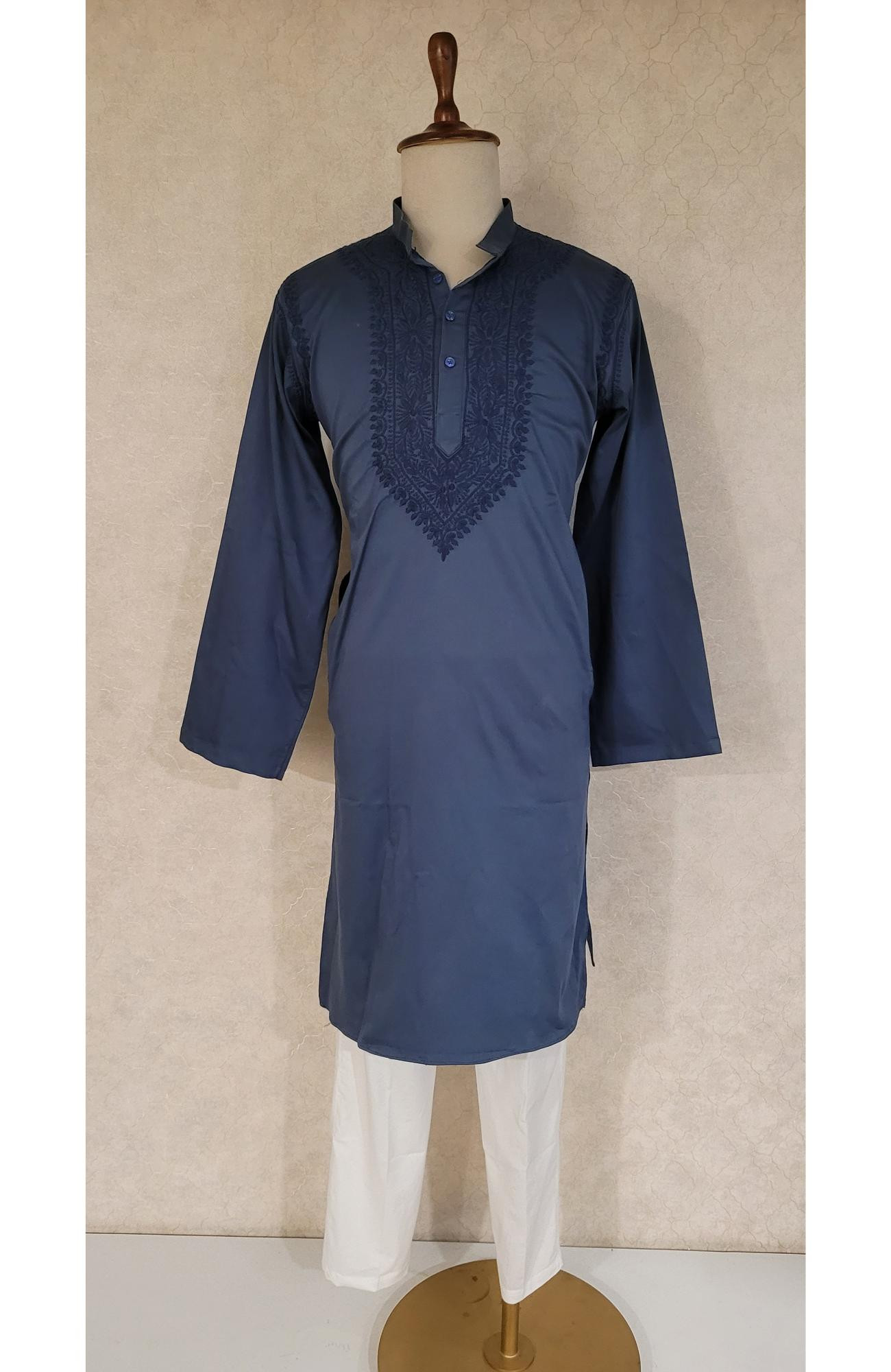Greenish Blue Lycra Cotton Chikankari Kurta