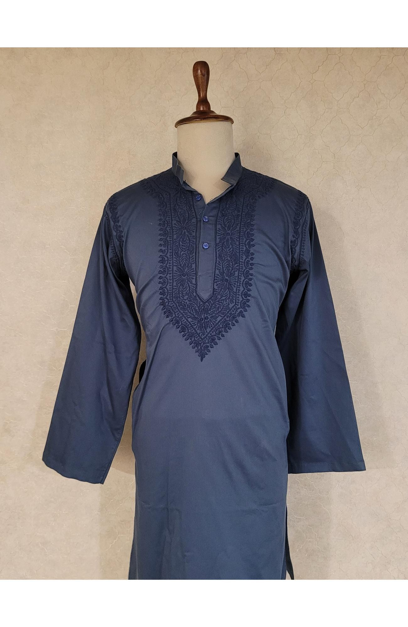 Greenish Blue Lycra Cotton Chikankari Kurta