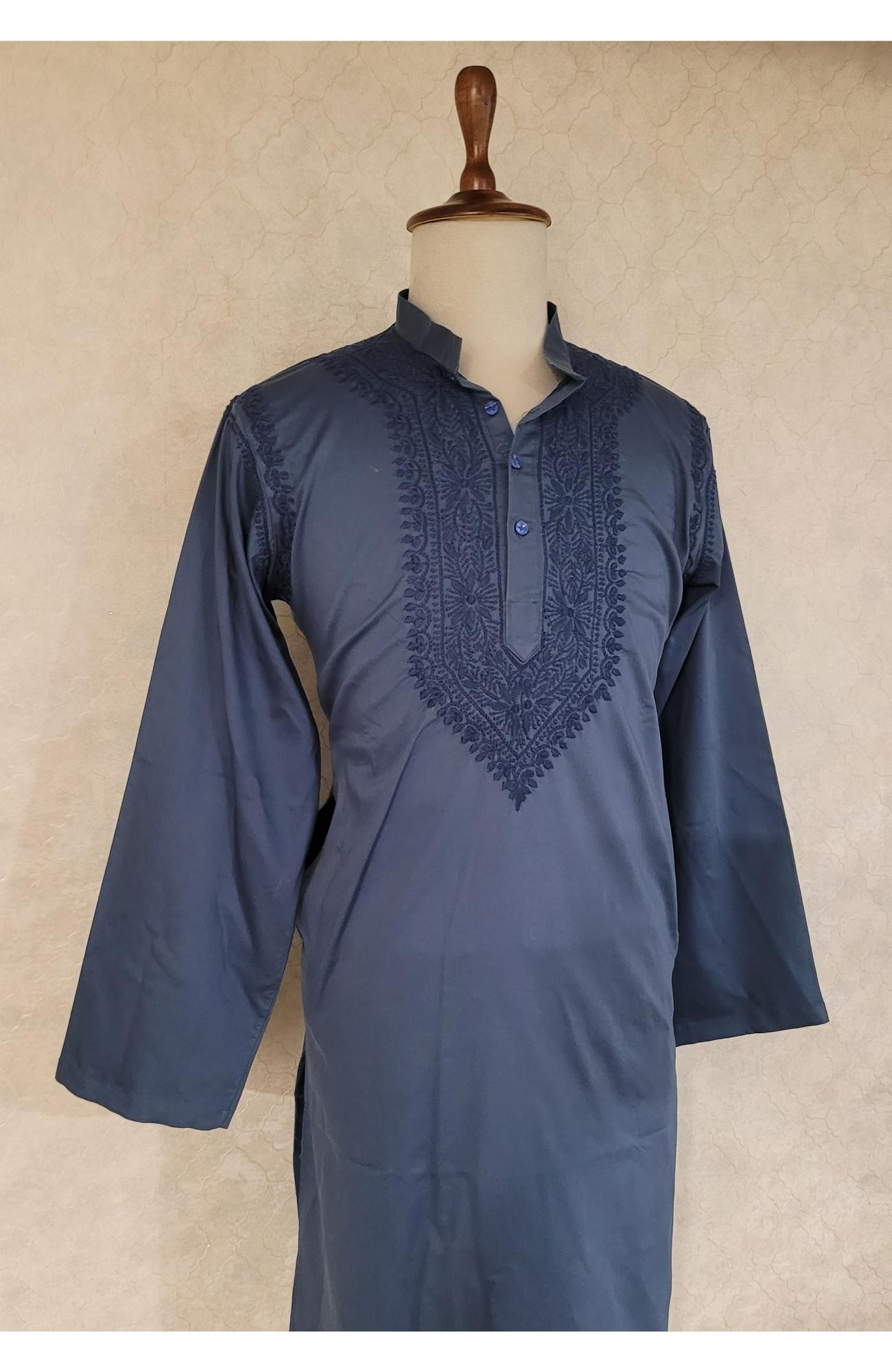 Greenish Blue Lycra Cotton Chikankari Kurta