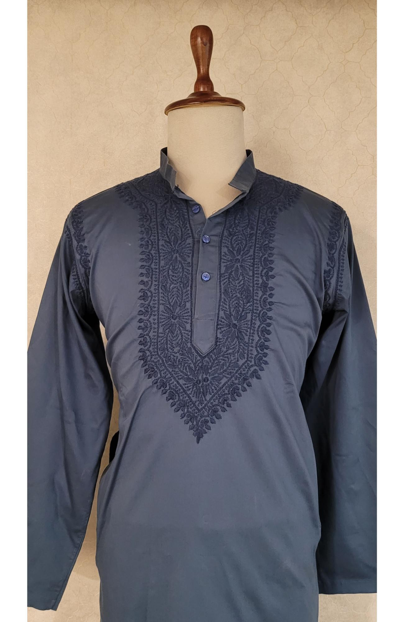 Greenish Blue Lycra Cotton Chikankari Kurta