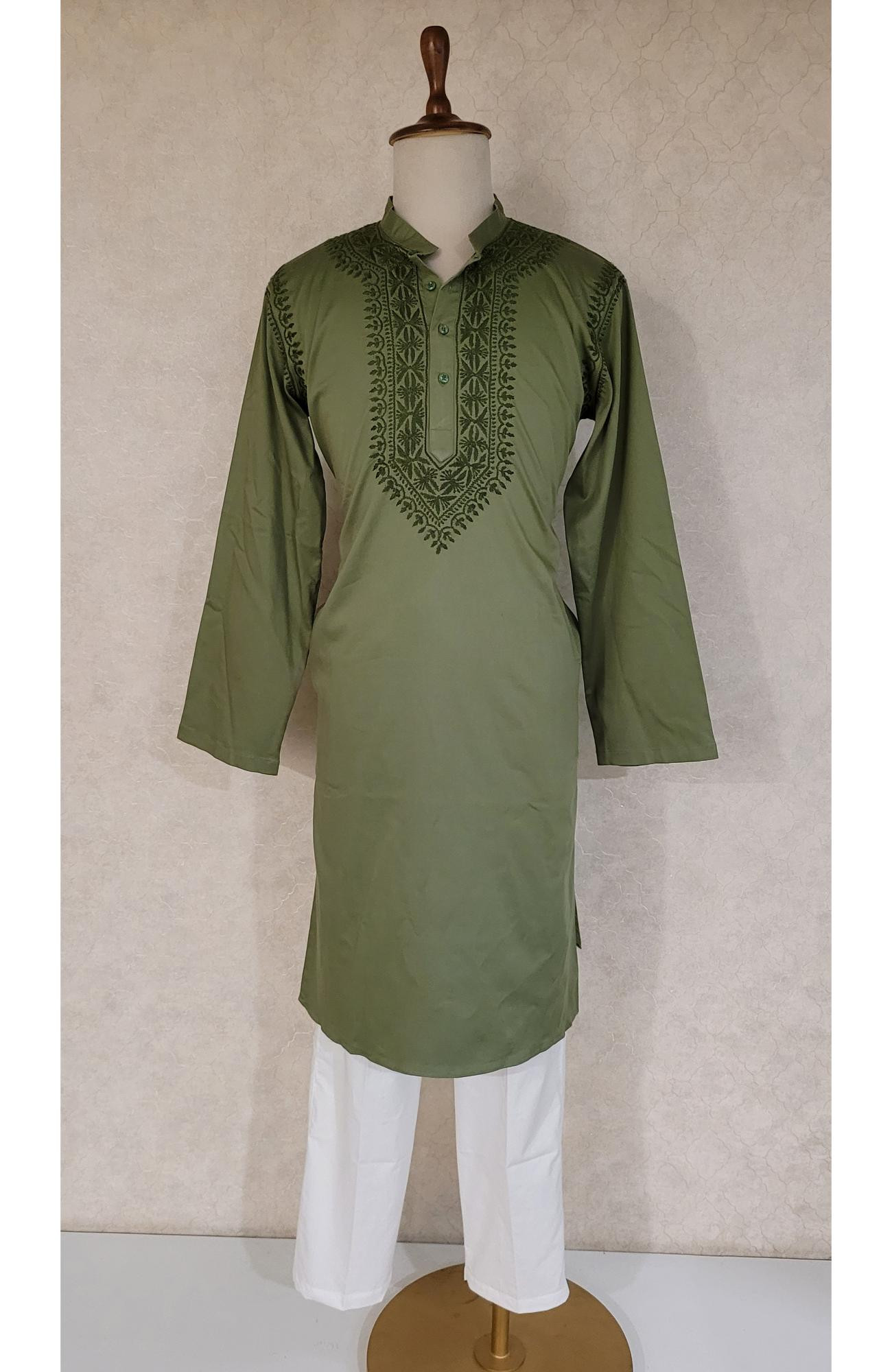 Olive Green Lycra Cotton Chikankari Kurta