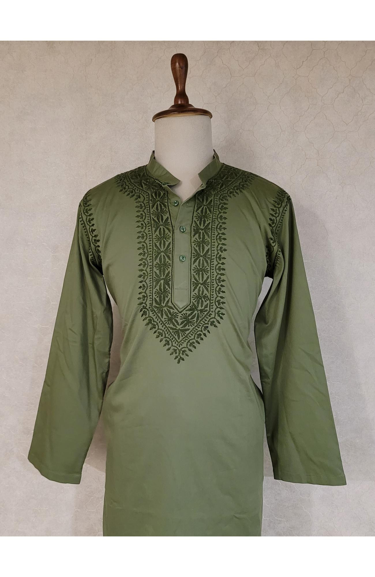 Olive Green Lycra Cotton Chikankari Kurta