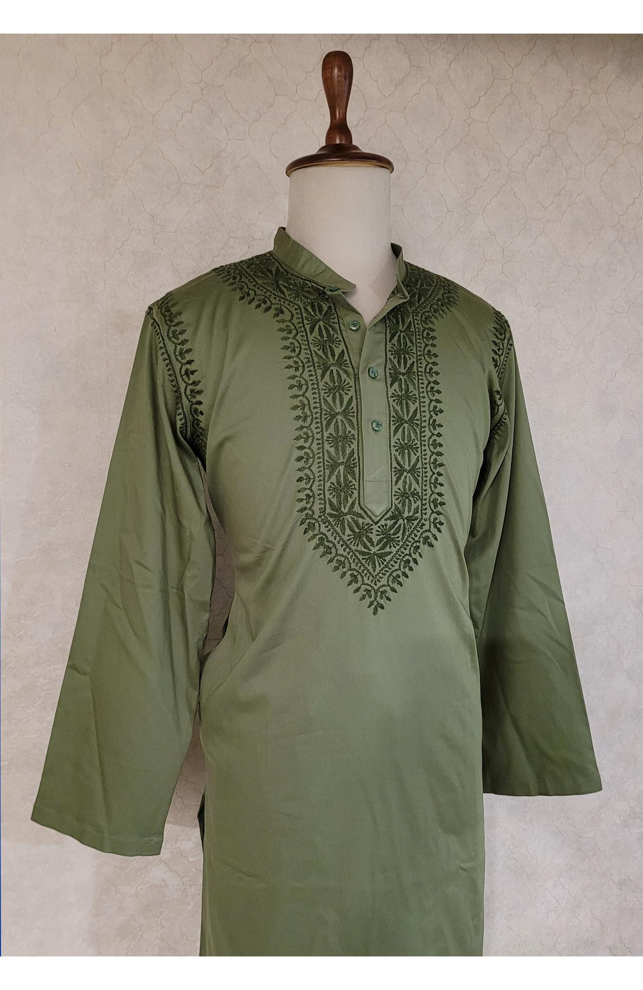 Olive Green Lycra Cotton Chikankari Kurta