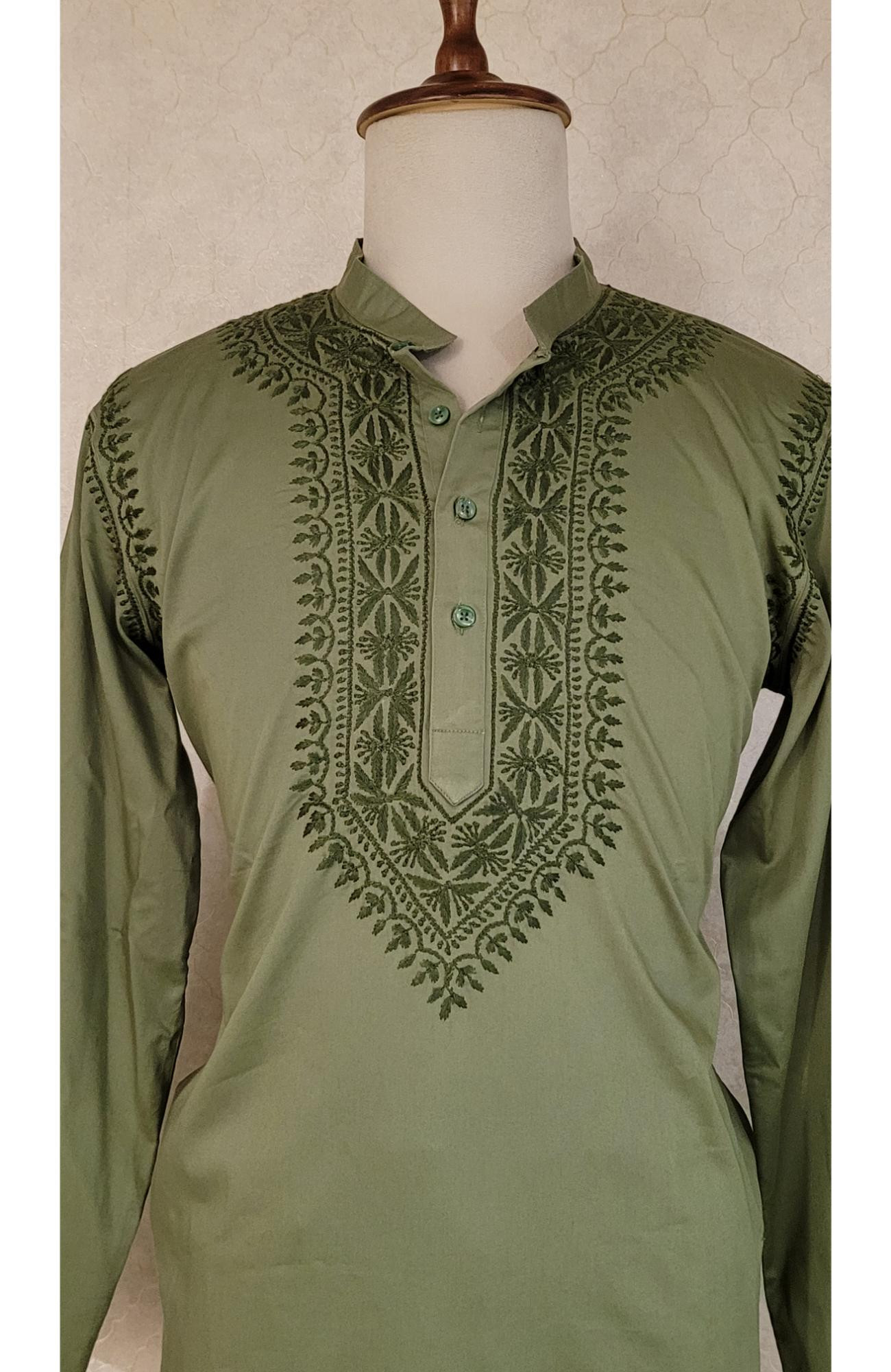 Olive Green Lycra Cotton Chikankari Kurta
