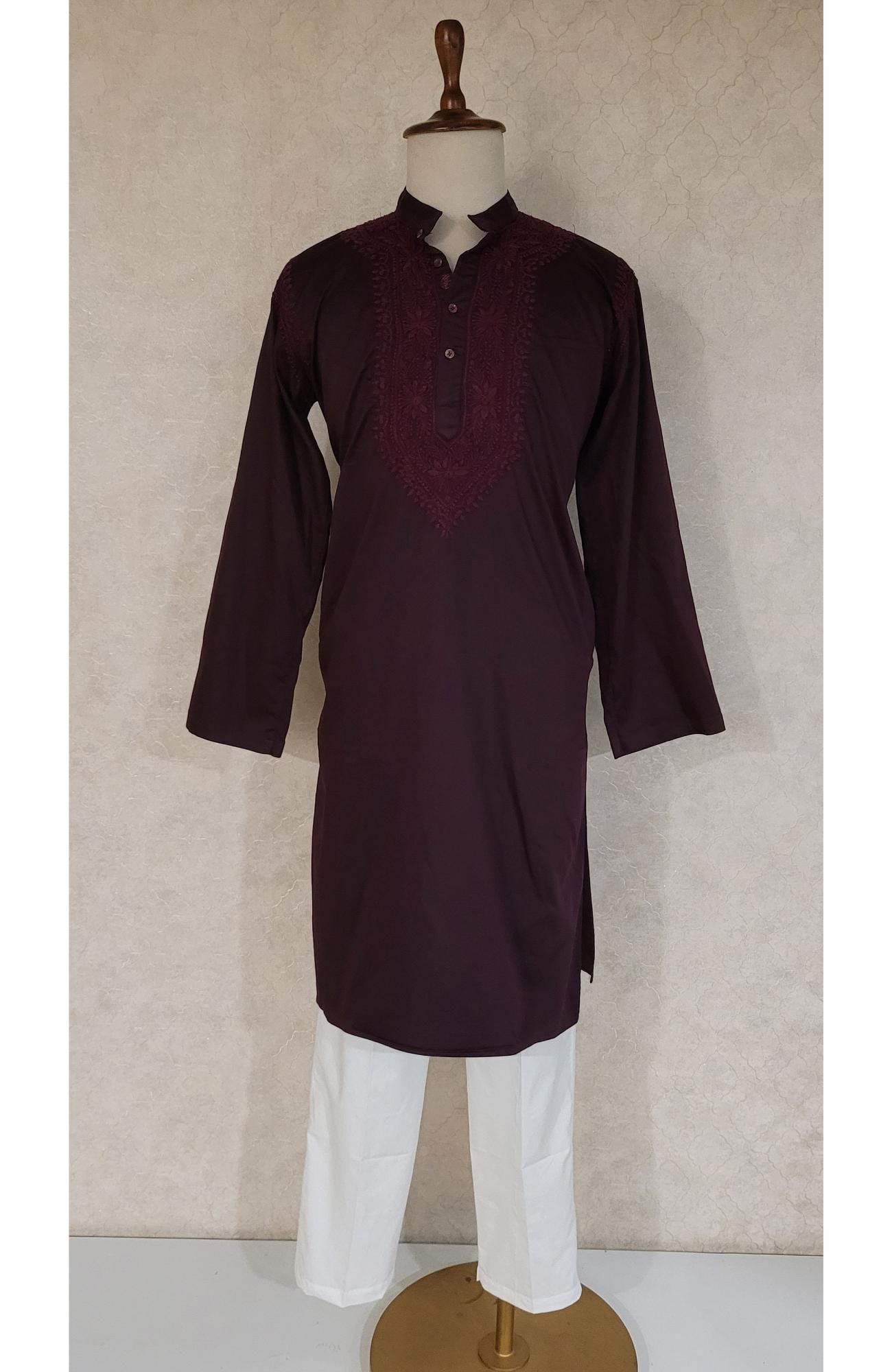 Maroon Lycra Cotton Chikankari Kurta