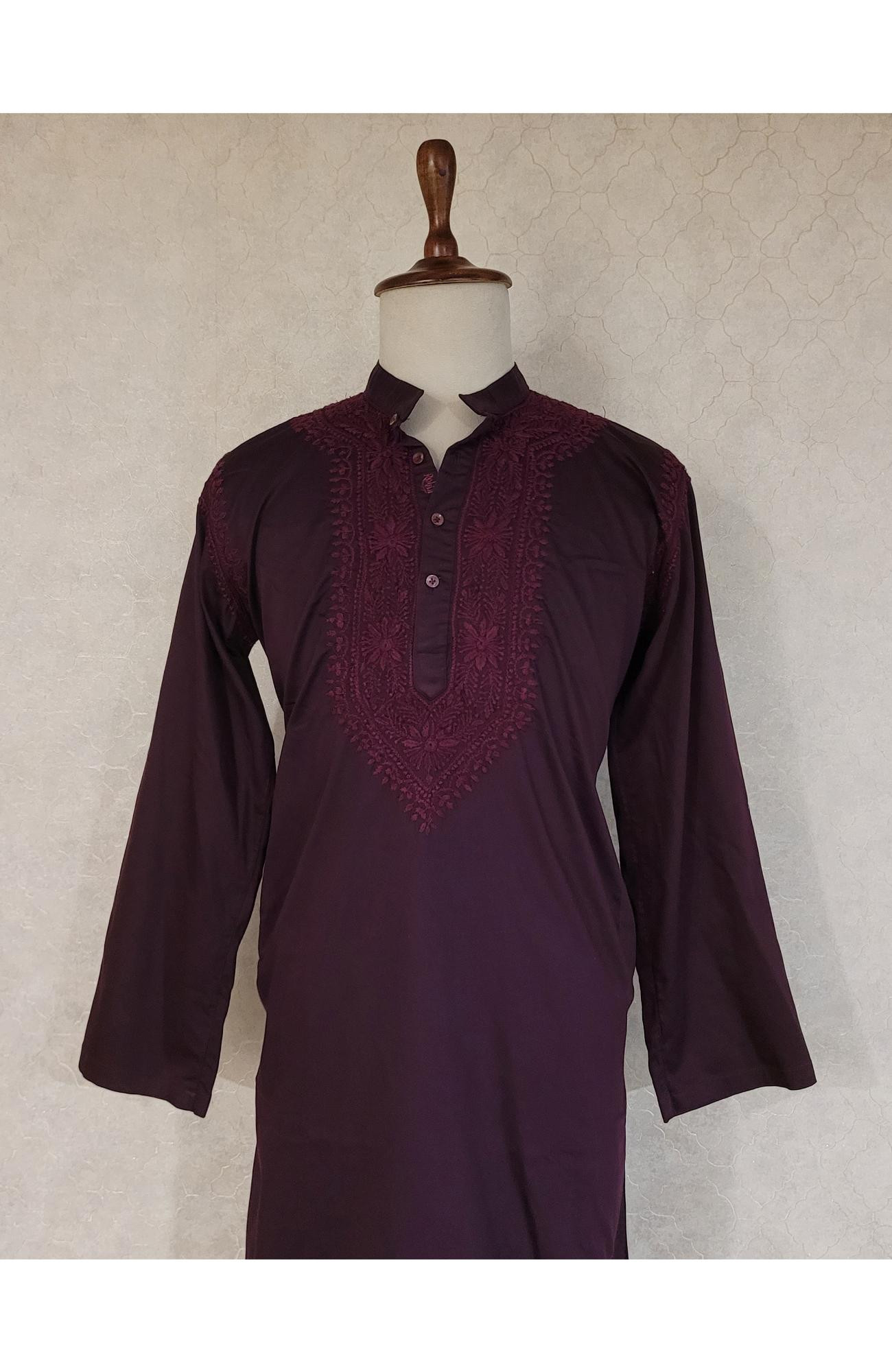 Maroon Lycra Cotton Chikankari Kurta