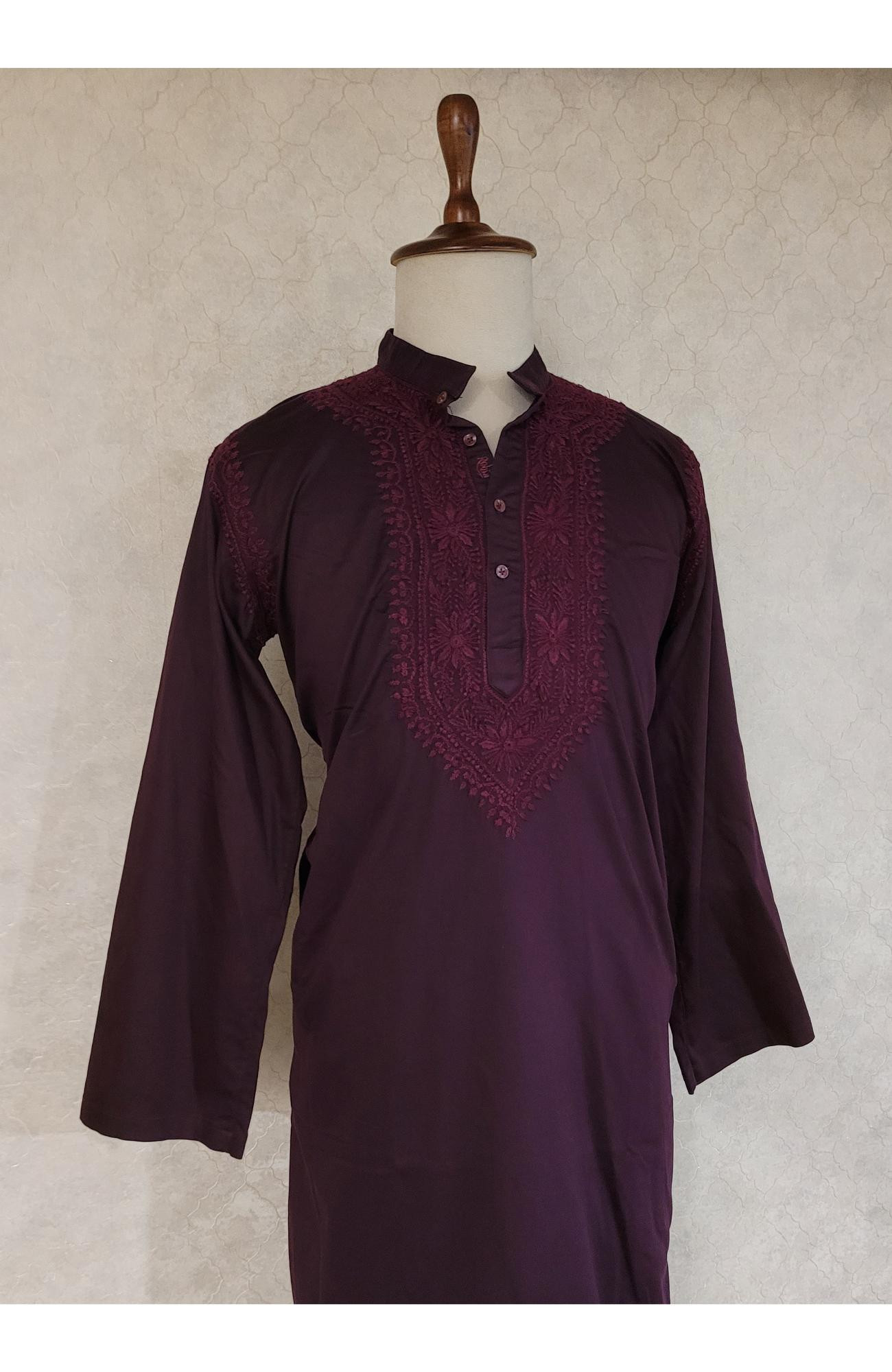 Maroon Lycra Cotton Chikankari Kurta