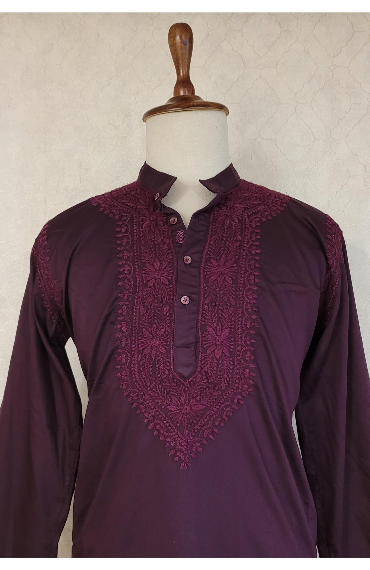 Maroon Lycra Cotton Chikankari Kurta