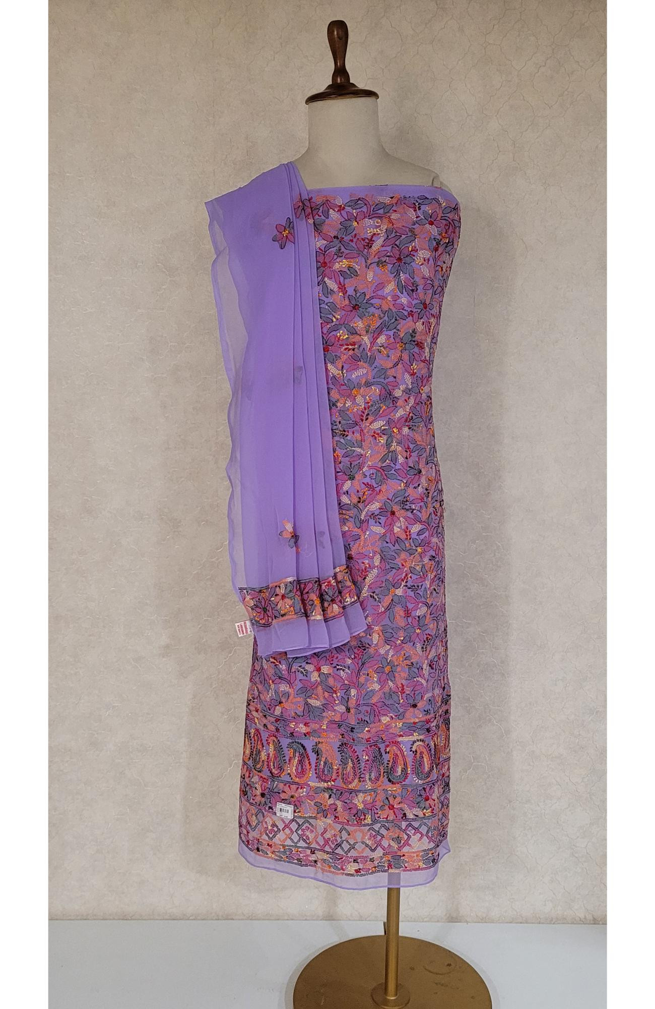 Lavender Georgette Chikankari Suit Length