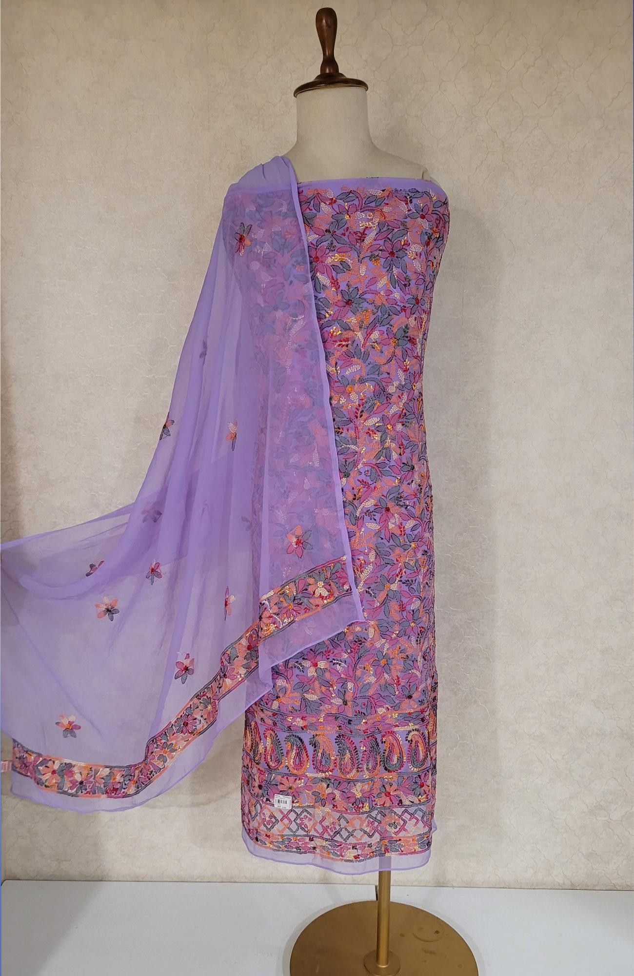 Lavender Georgette Chikankari Suit Length
