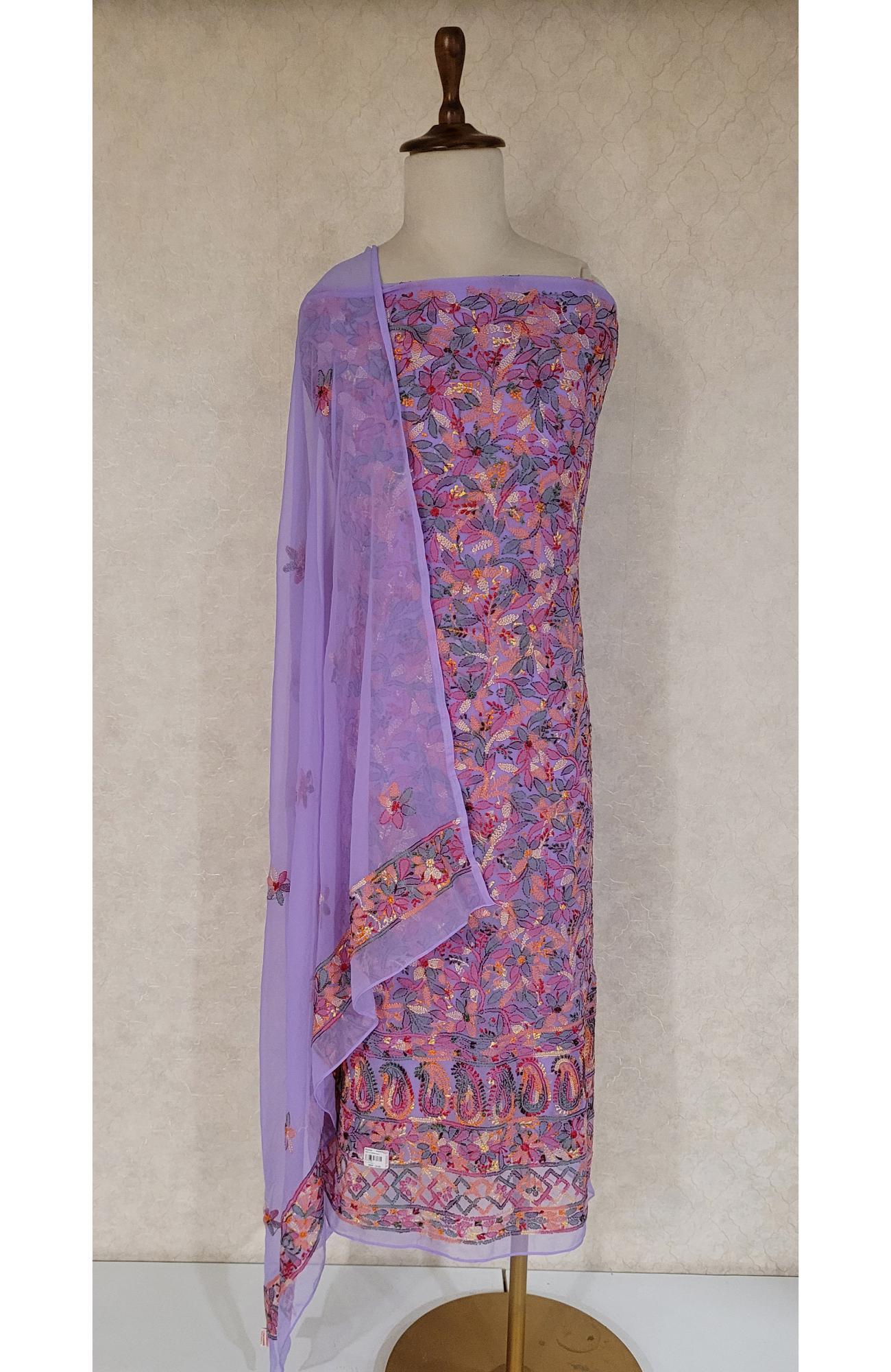 Lavender Georgette Chikankari Suit Length