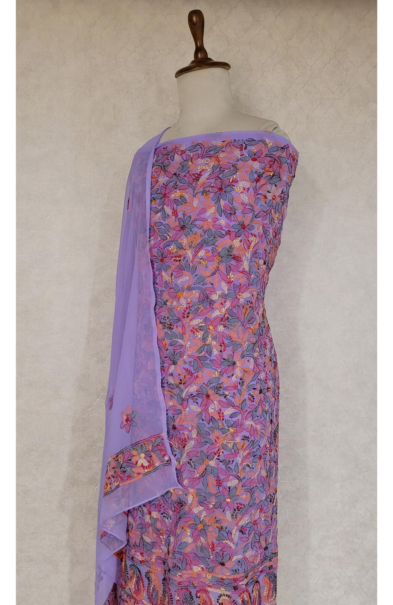 Lavender Georgette Chikankari Suit Length