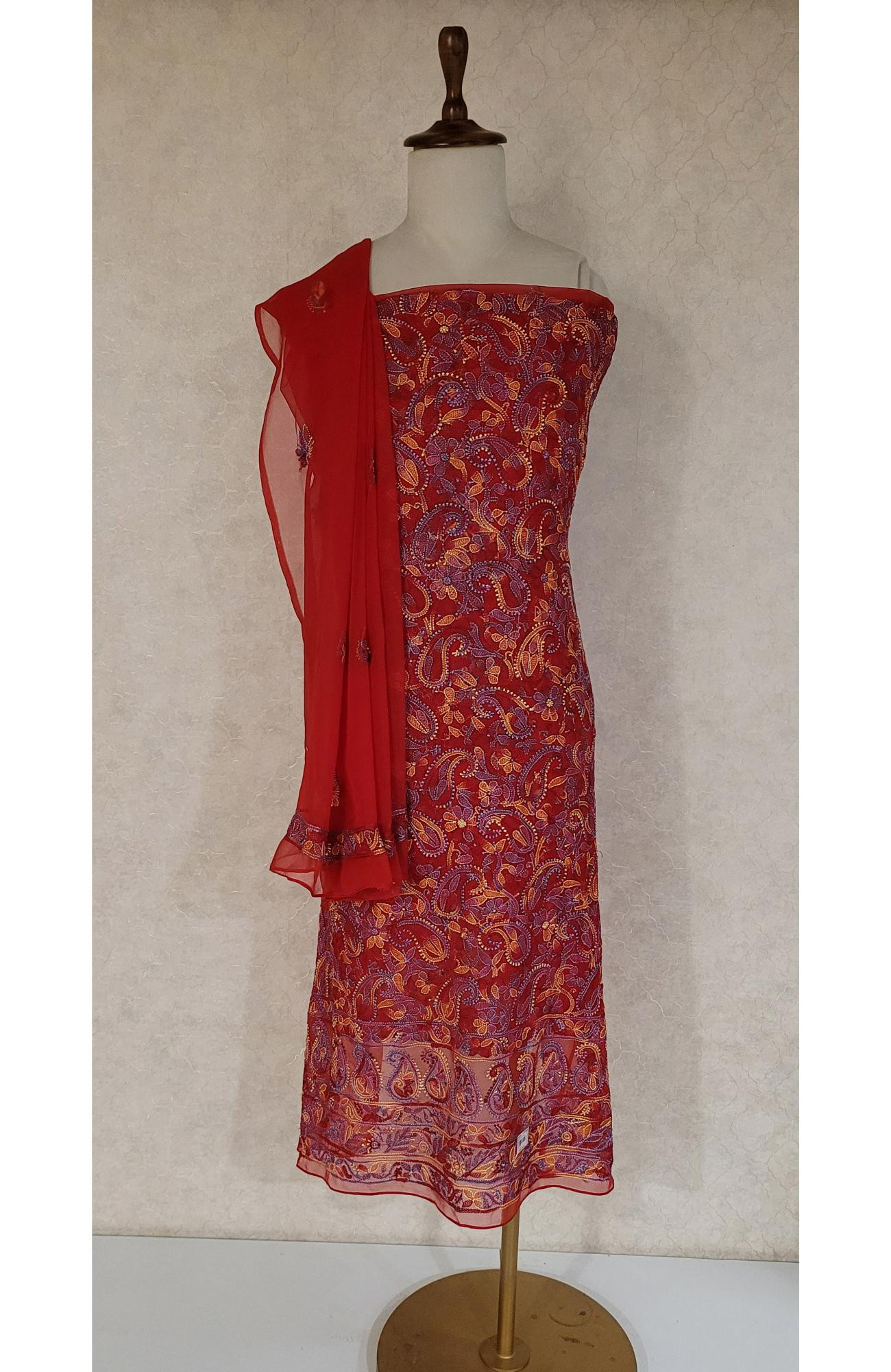 Red Georgette Chikankari Suit Length