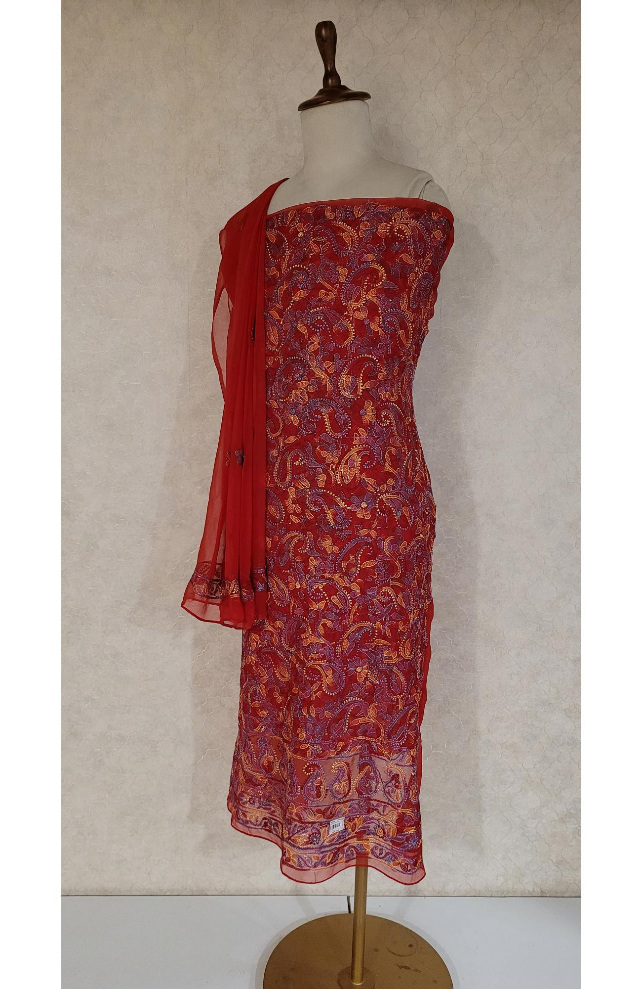 Red Georgette Chikankari Suit Length