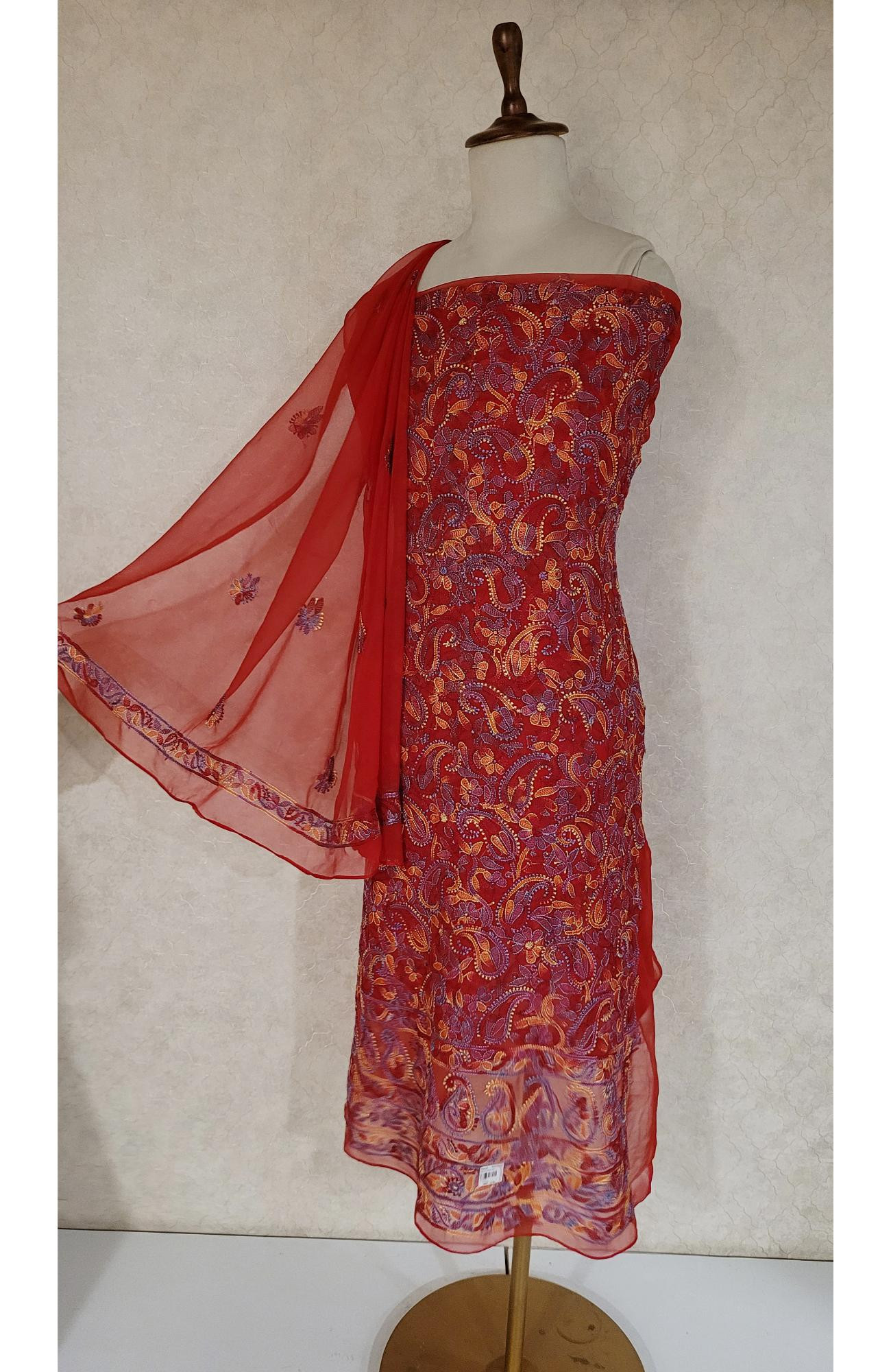 Red Georgette Chikankari Suit Length