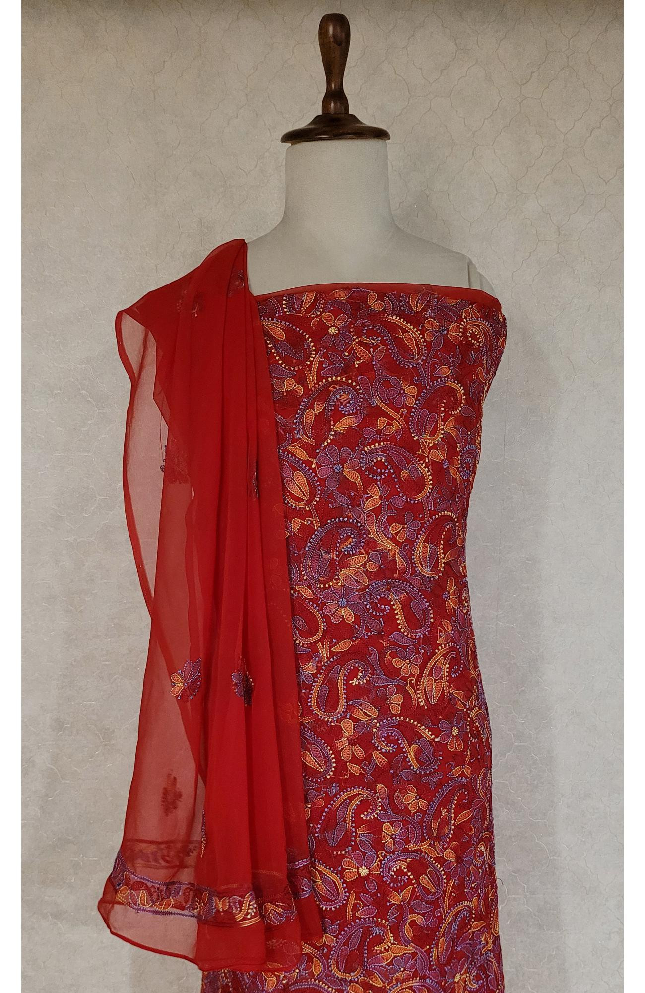 Red Georgette Chikankari Suit Length
