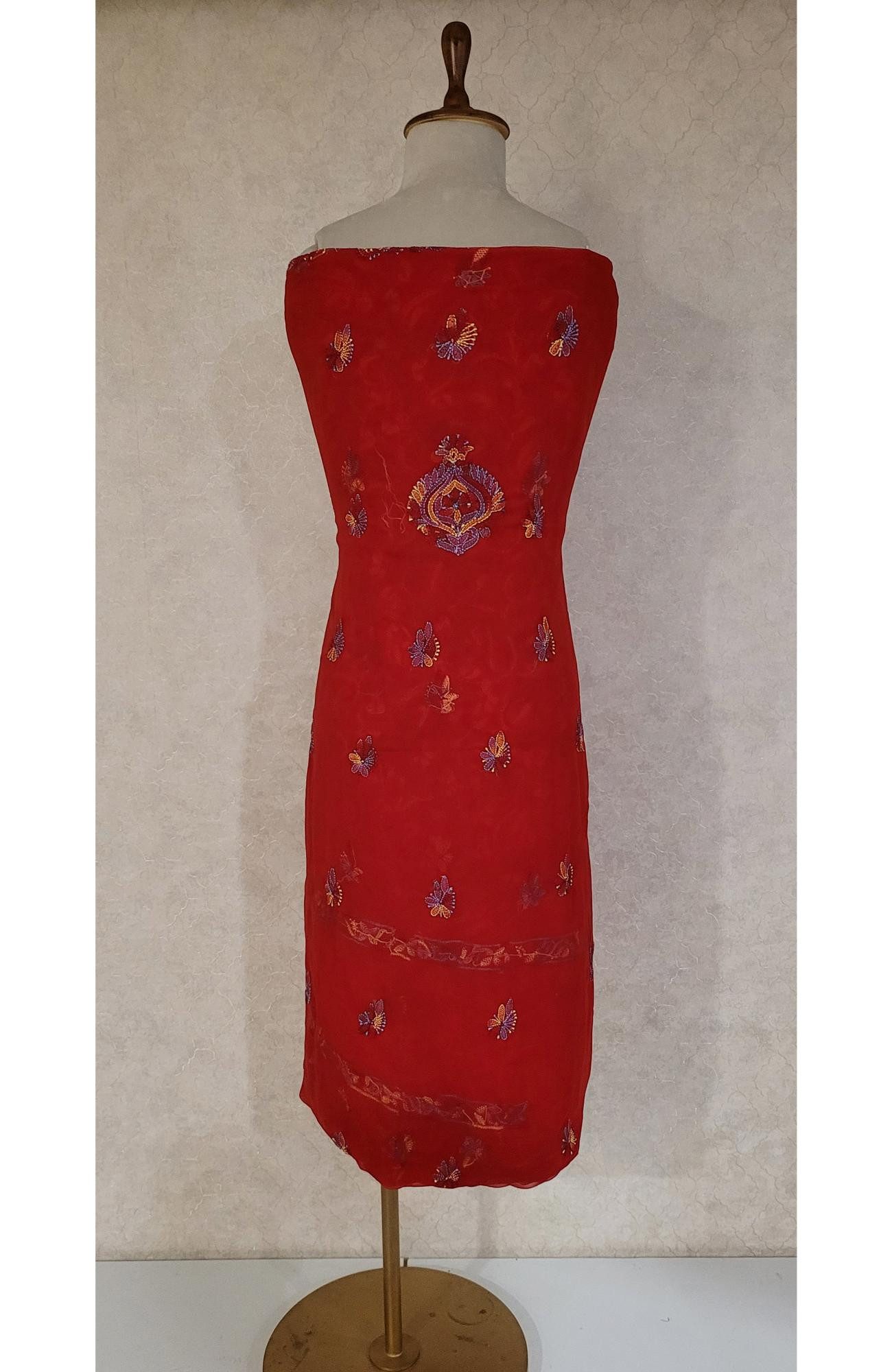 Red Georgette Chikankari Suit Length