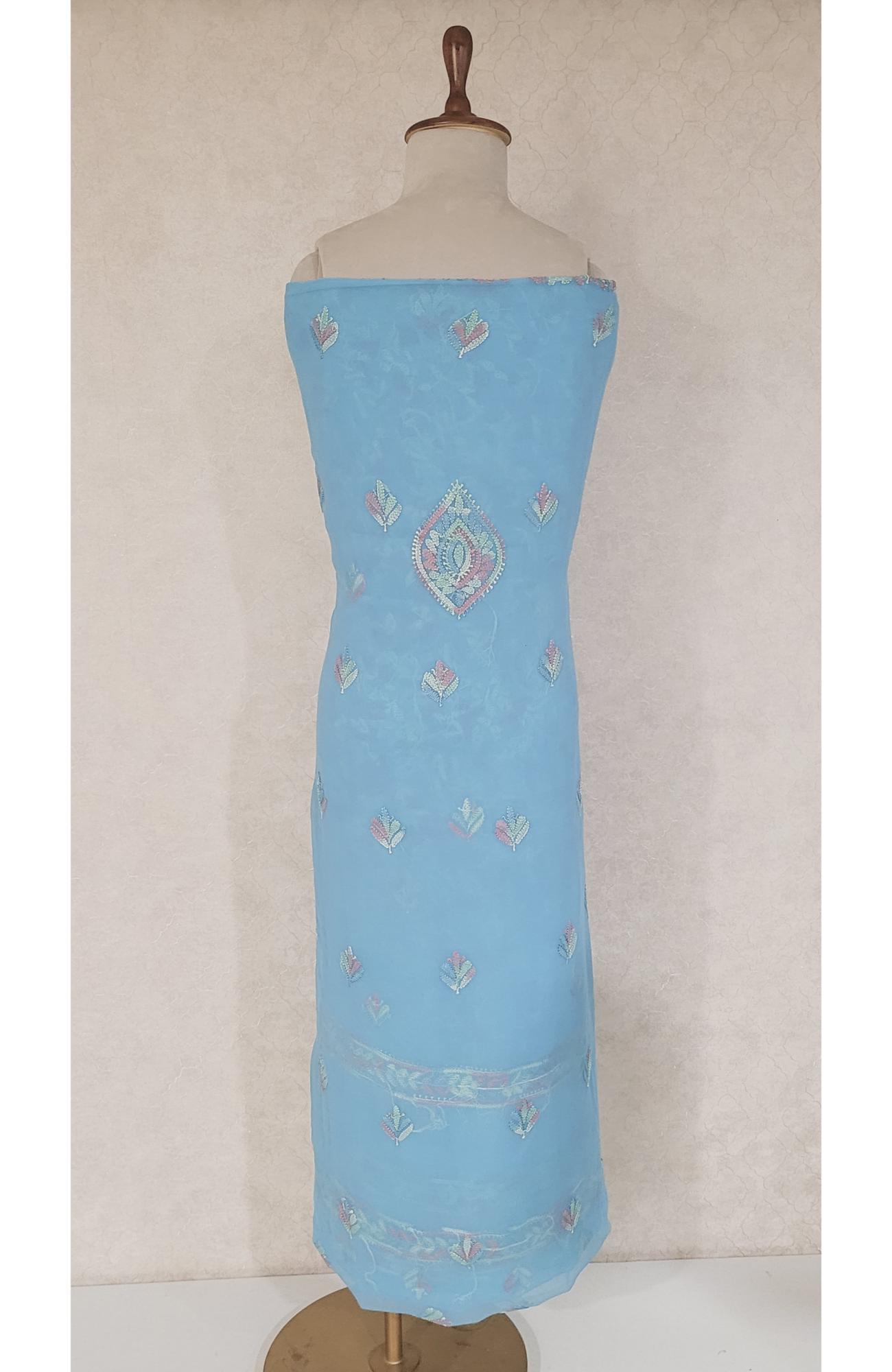 Teal Blue Georgette Chikankari Suit Length