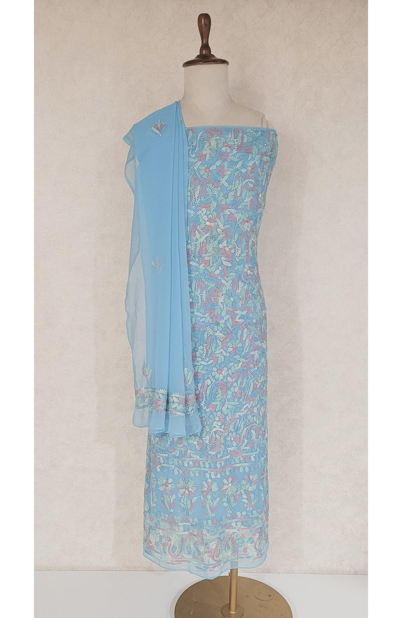 Teal Blue Georgette Chikankari Suit Length