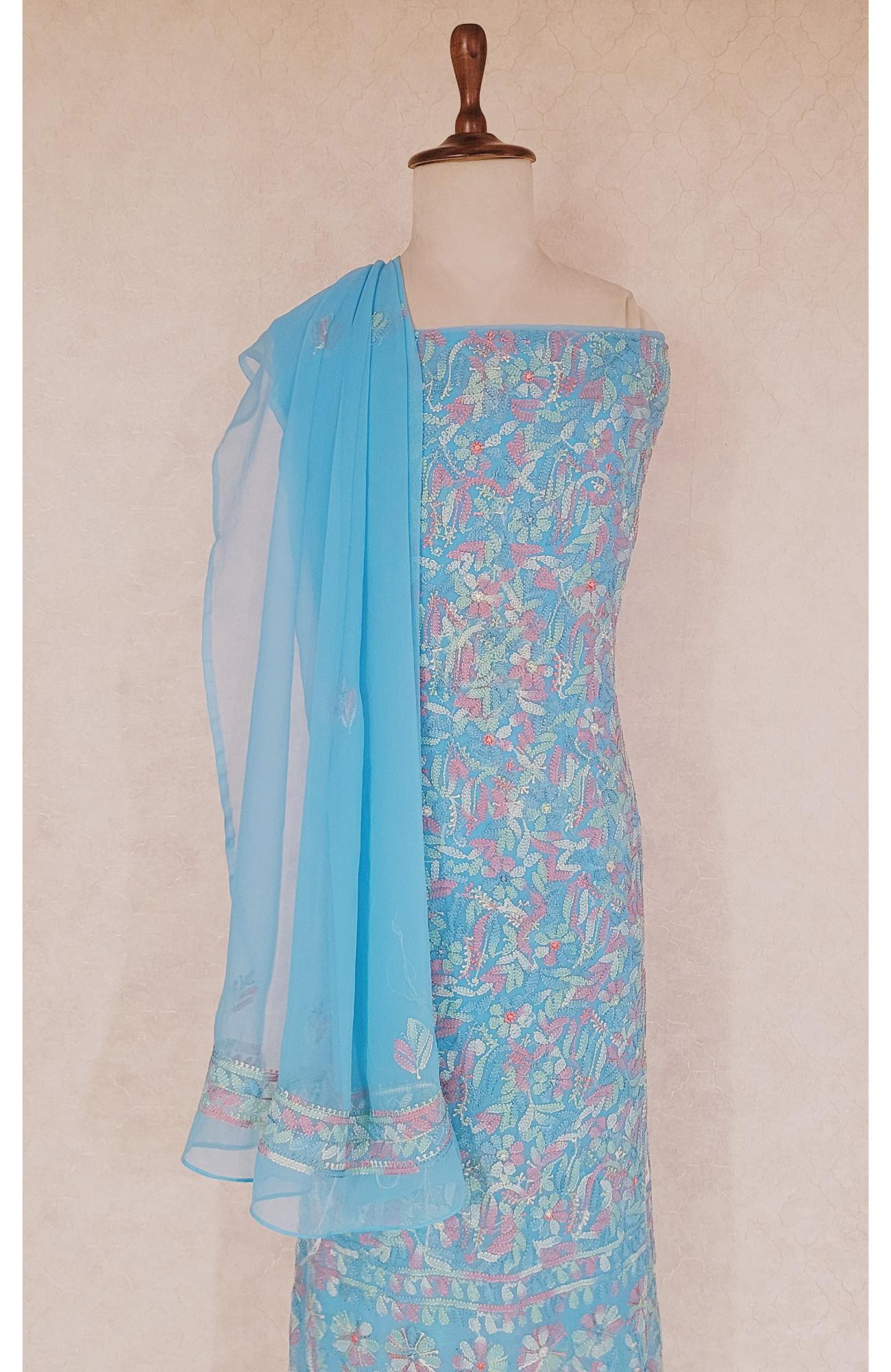 Teal Blue Georgette Chikankari Suit Length