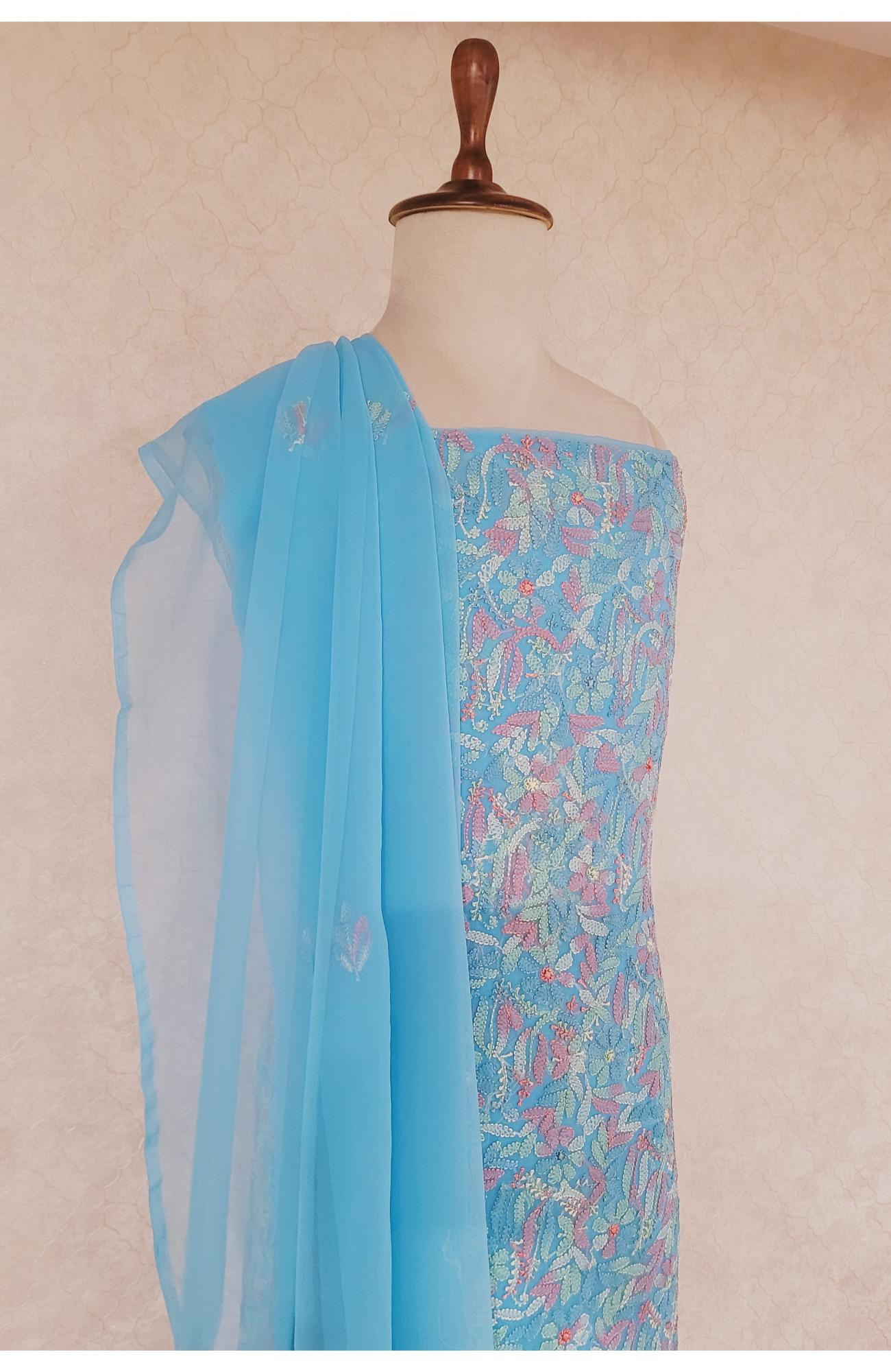 Teal Blue Georgette Chikankari Suit Length