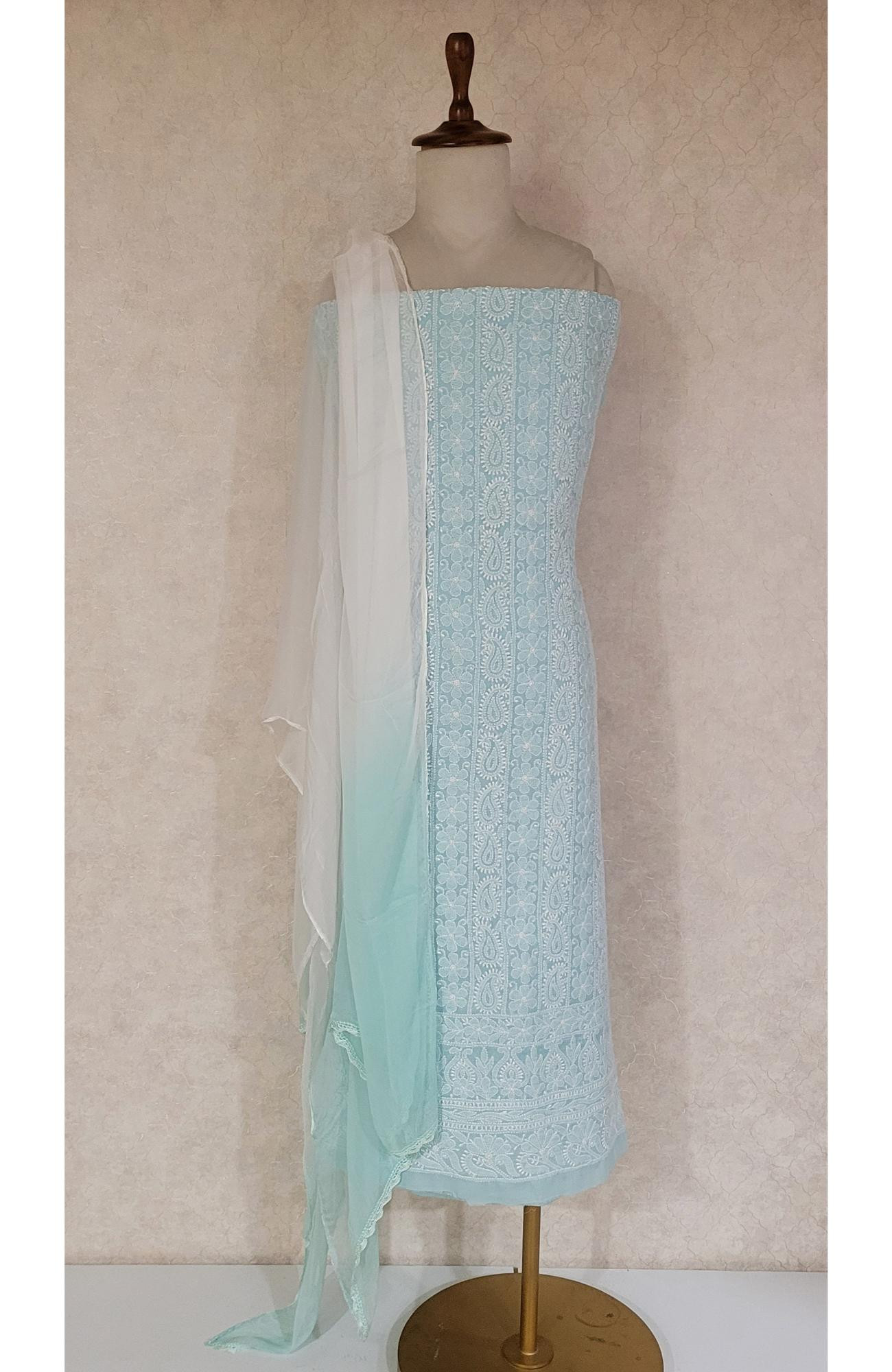 Sea Green Cotton Chikankari Suit Length
