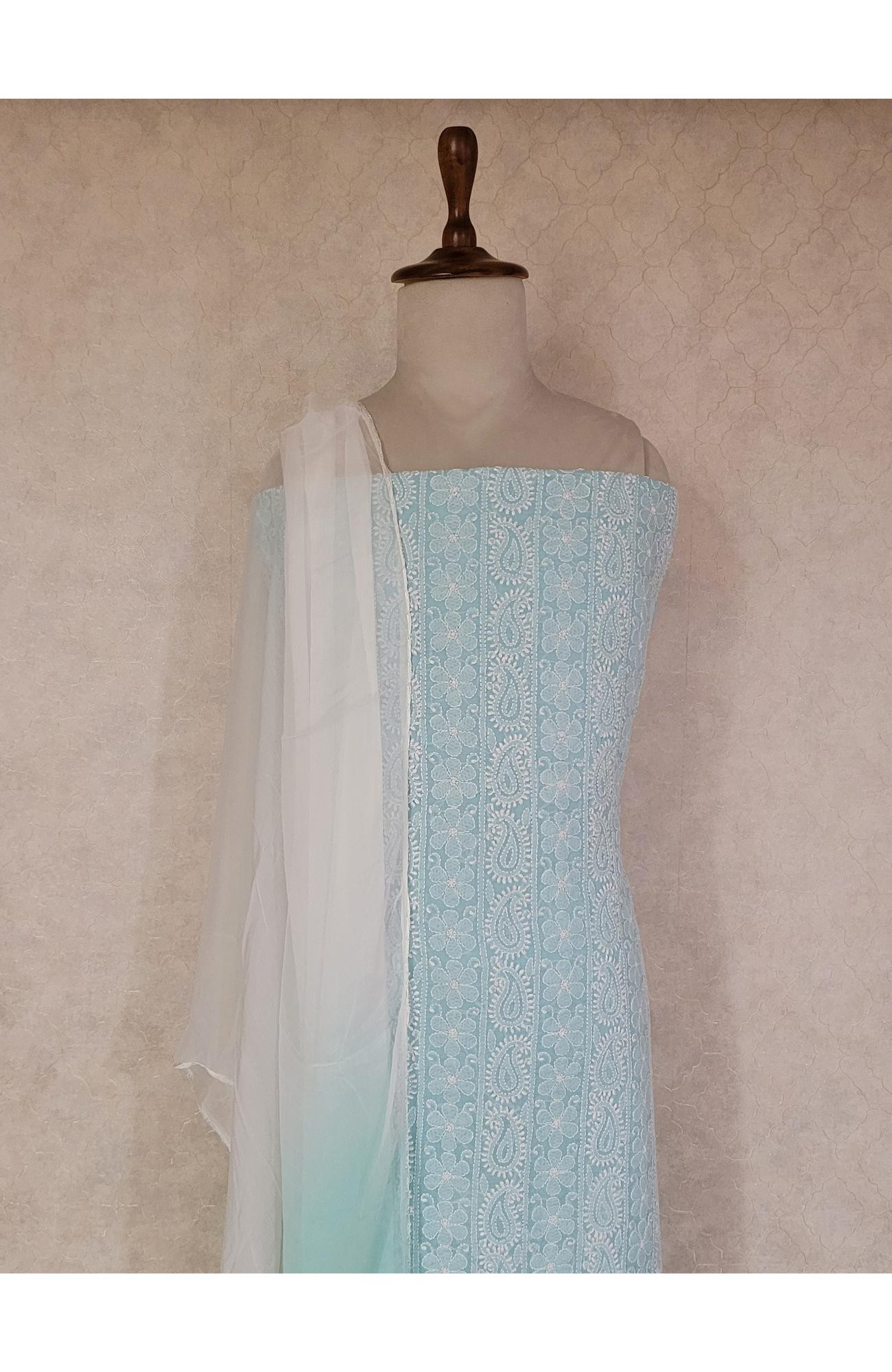 Sea Green Cotton Chikankari Suit Length