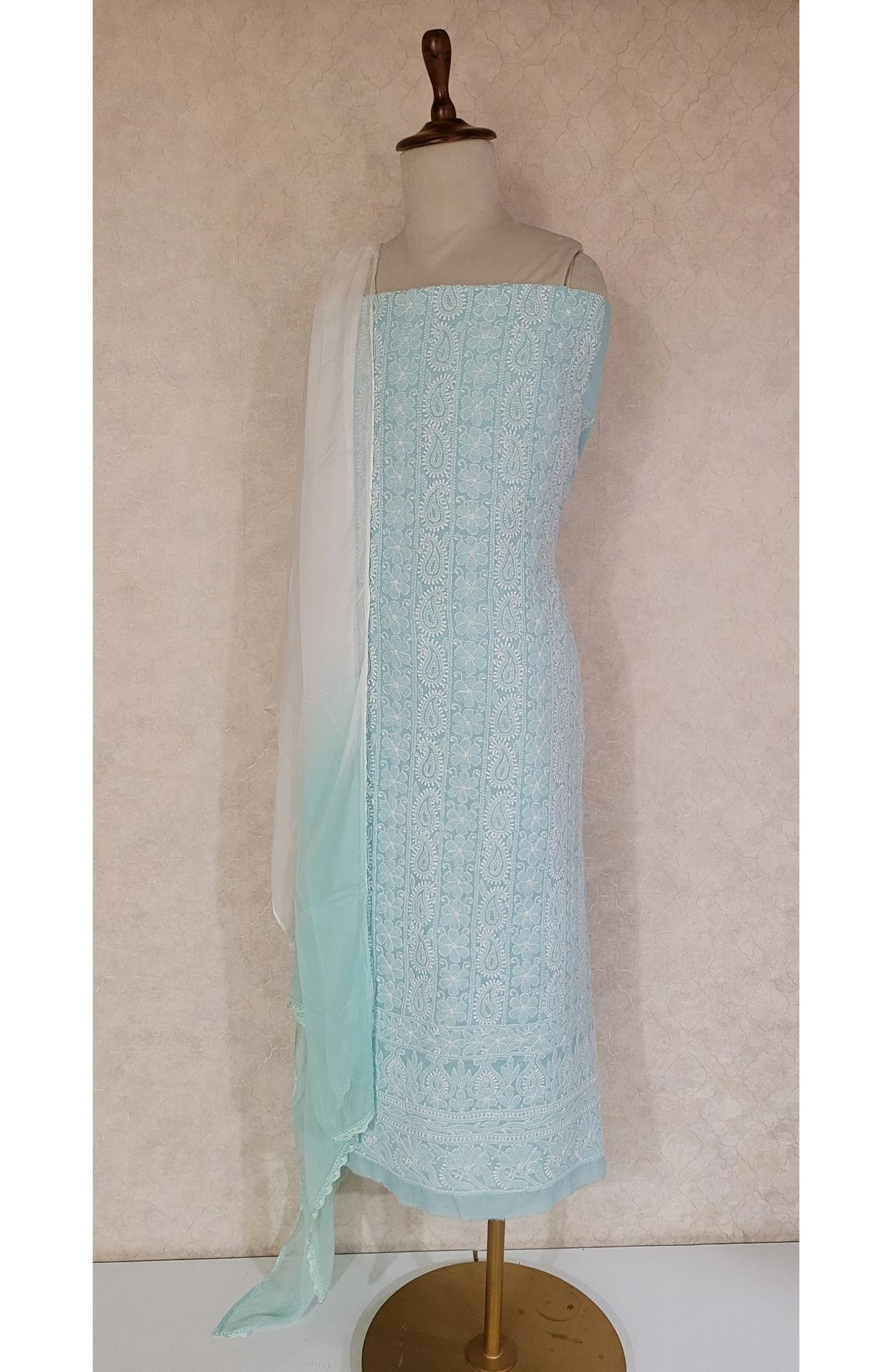 Sea Green Cotton Chikankari Suit Length