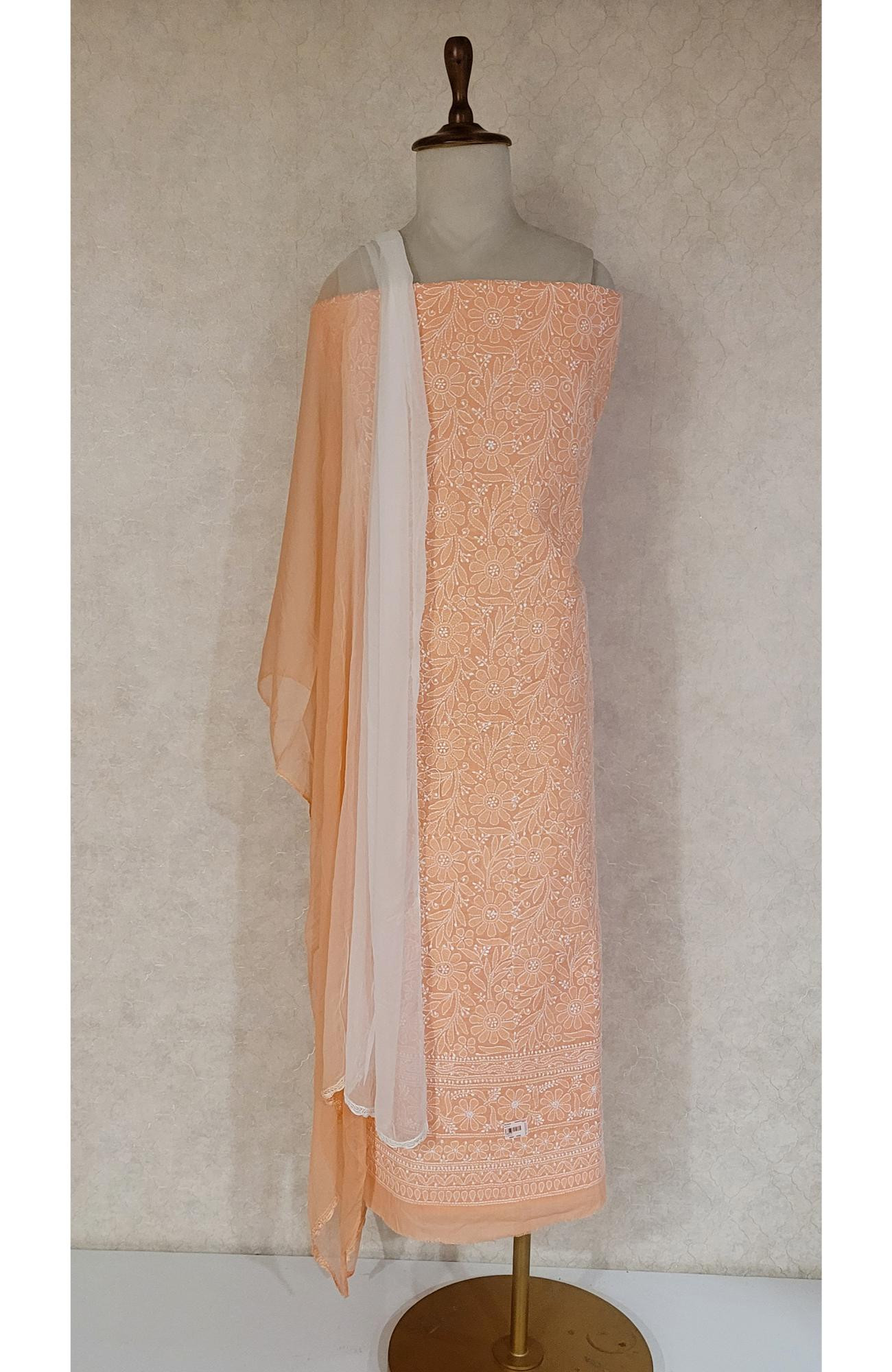 Light Orange Cotton Chikankari Suit Length